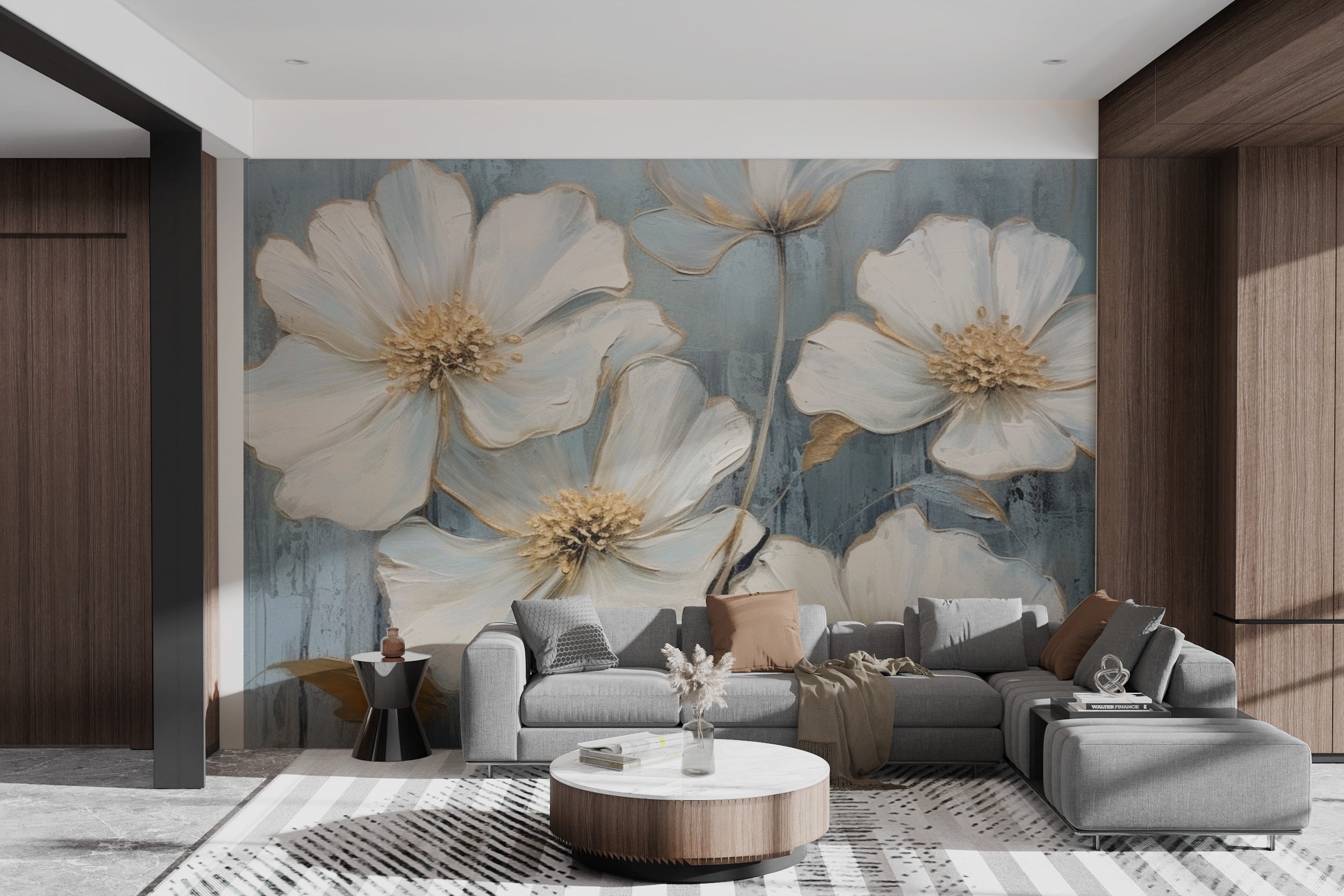 Textured floral wall art with soft blue and gold tones
