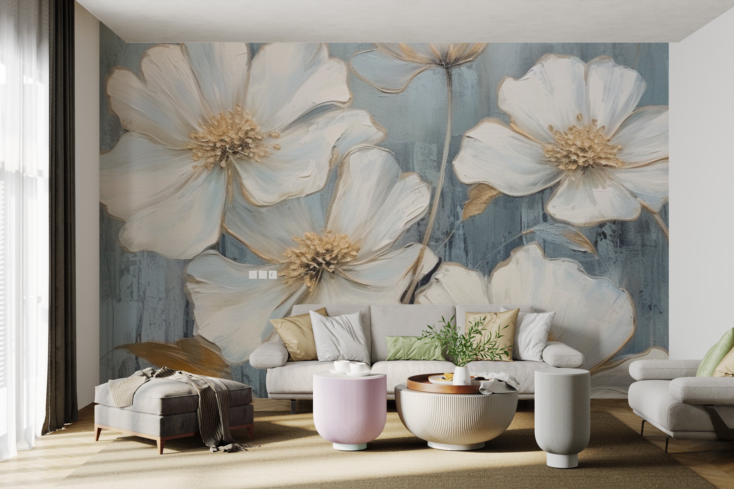 White blossom wallpaper with a hand-painted effect
