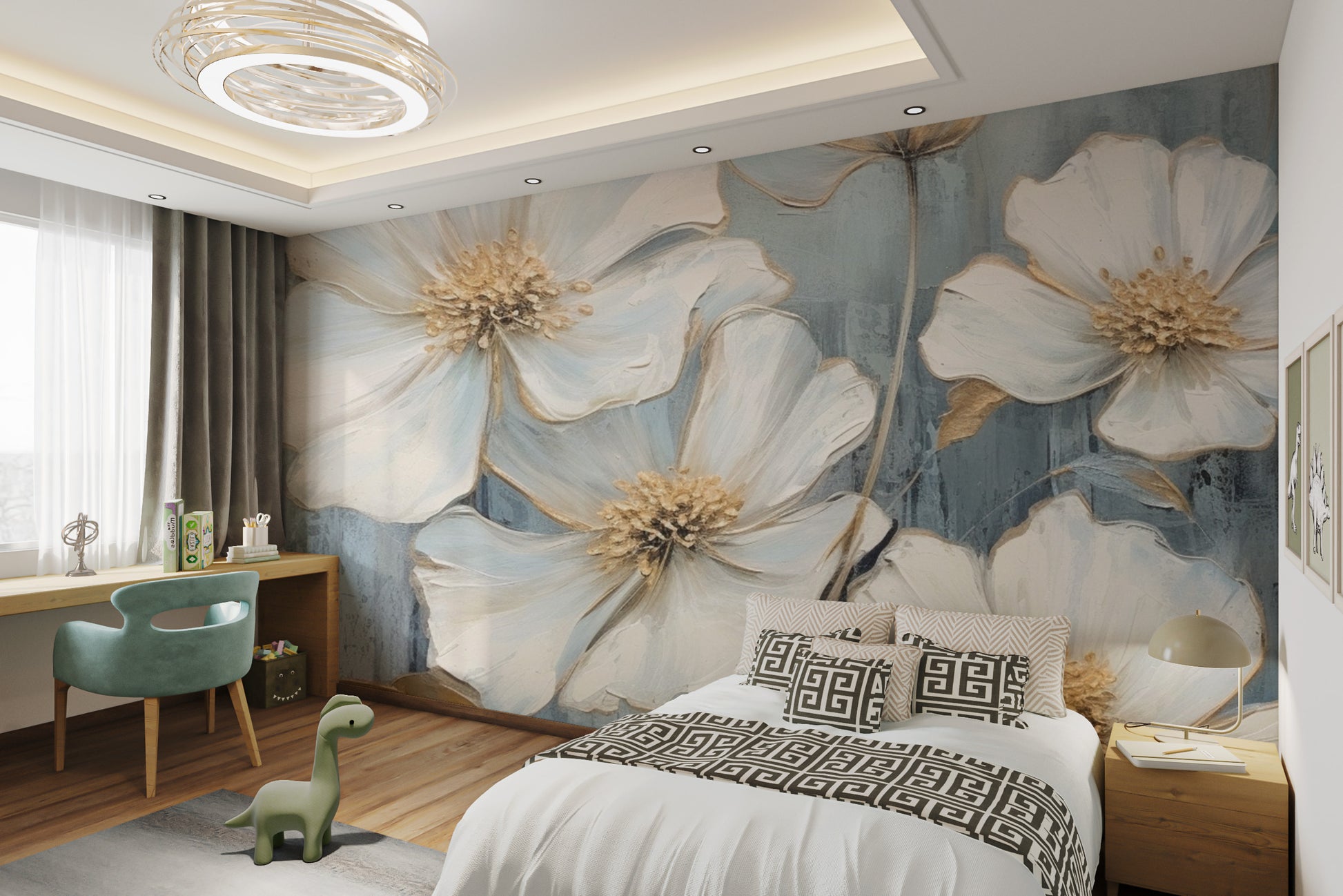 Large flower mural with a soft textured blue backdrop
