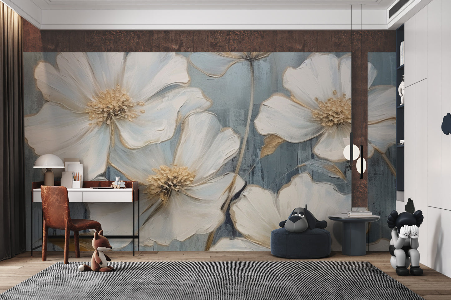 Abstract botanical wallpaper with muted blue and gold hues
