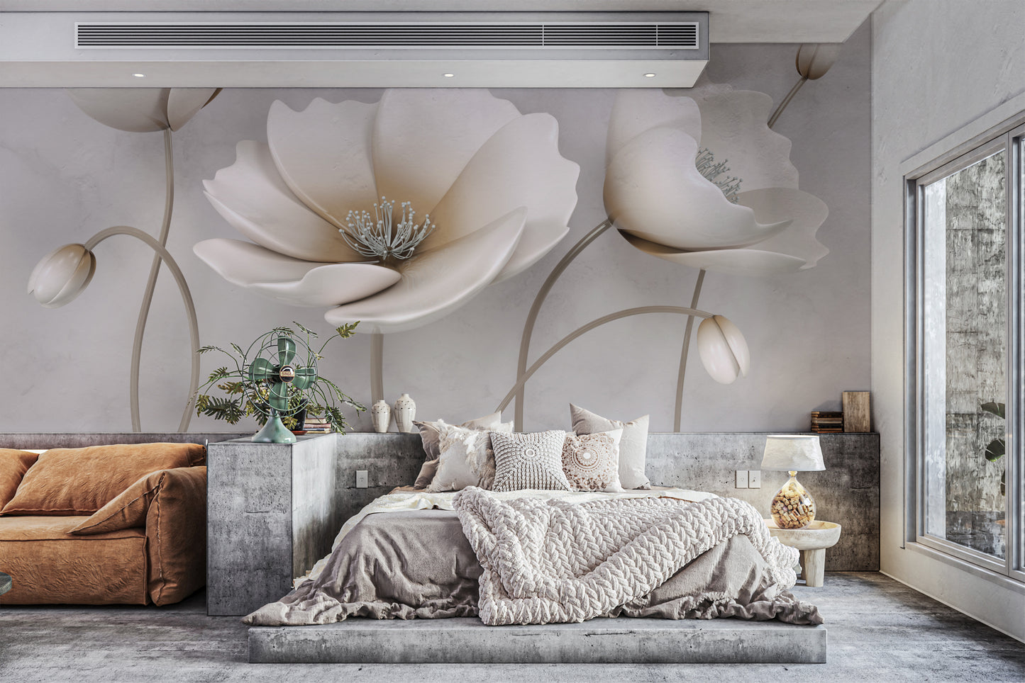 White flower wall mural with delicate details
