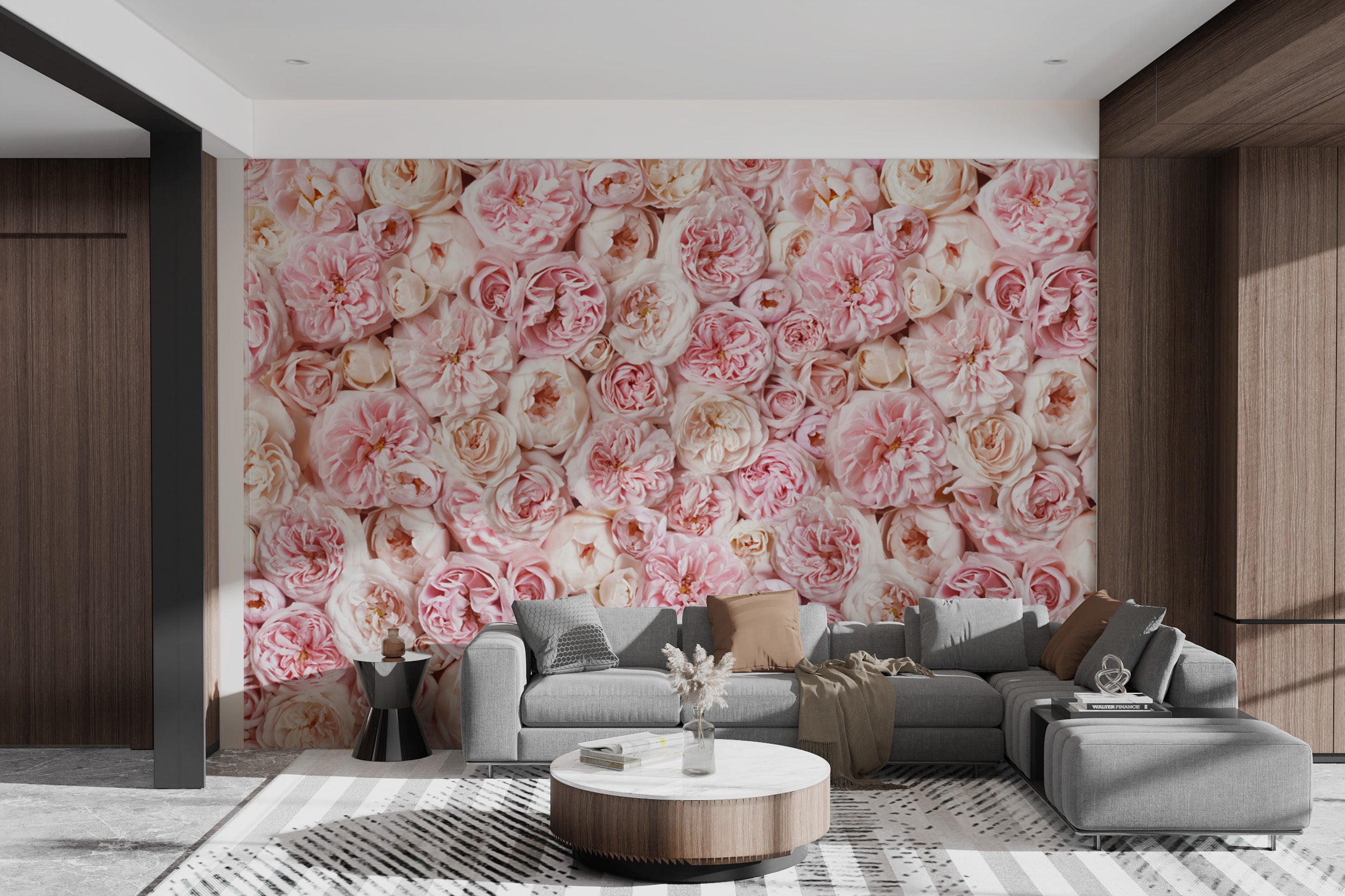 Soft pink and ivory roses floral wallpaper design
