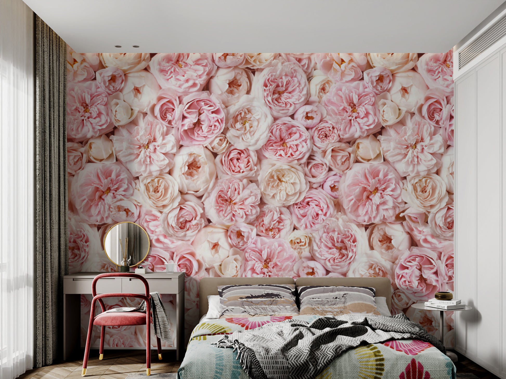 Elegant floral wall mural with soft pink roses
