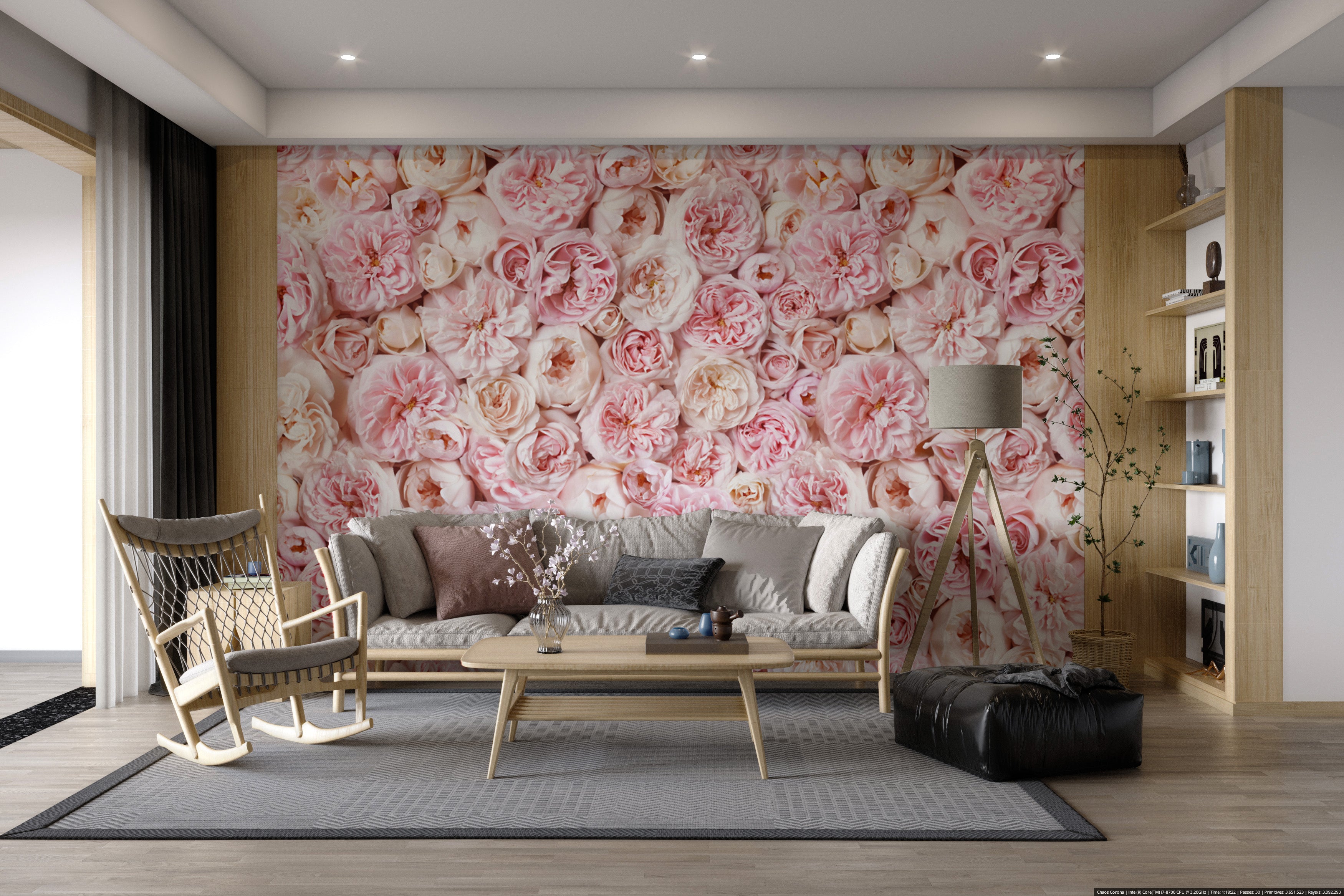 Blush pink rose wallpaper with vintage floral pattern
