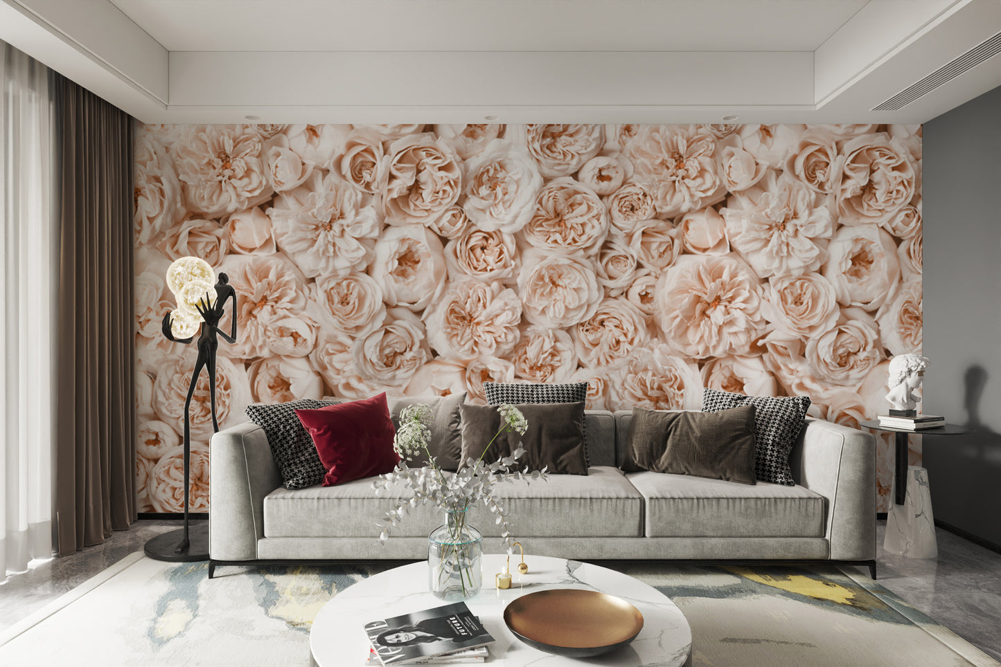 Peach rose pattern wallpaper with vintage charm
