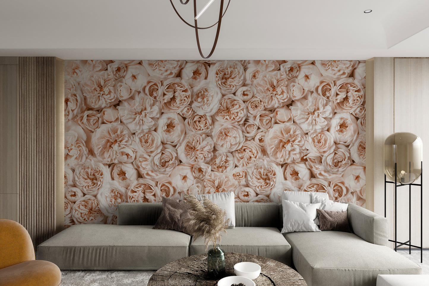 Timeless peach and ivory floral wallpaper for interiors
