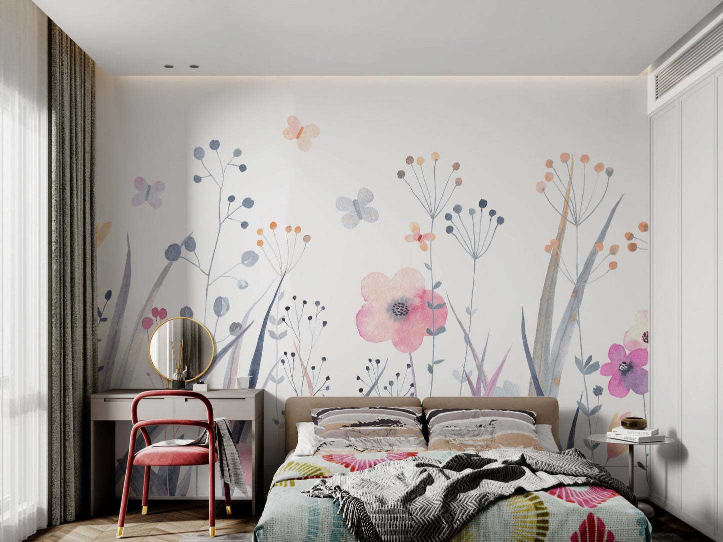 Delicate floral wallpaper with watercolor brushstrokes
