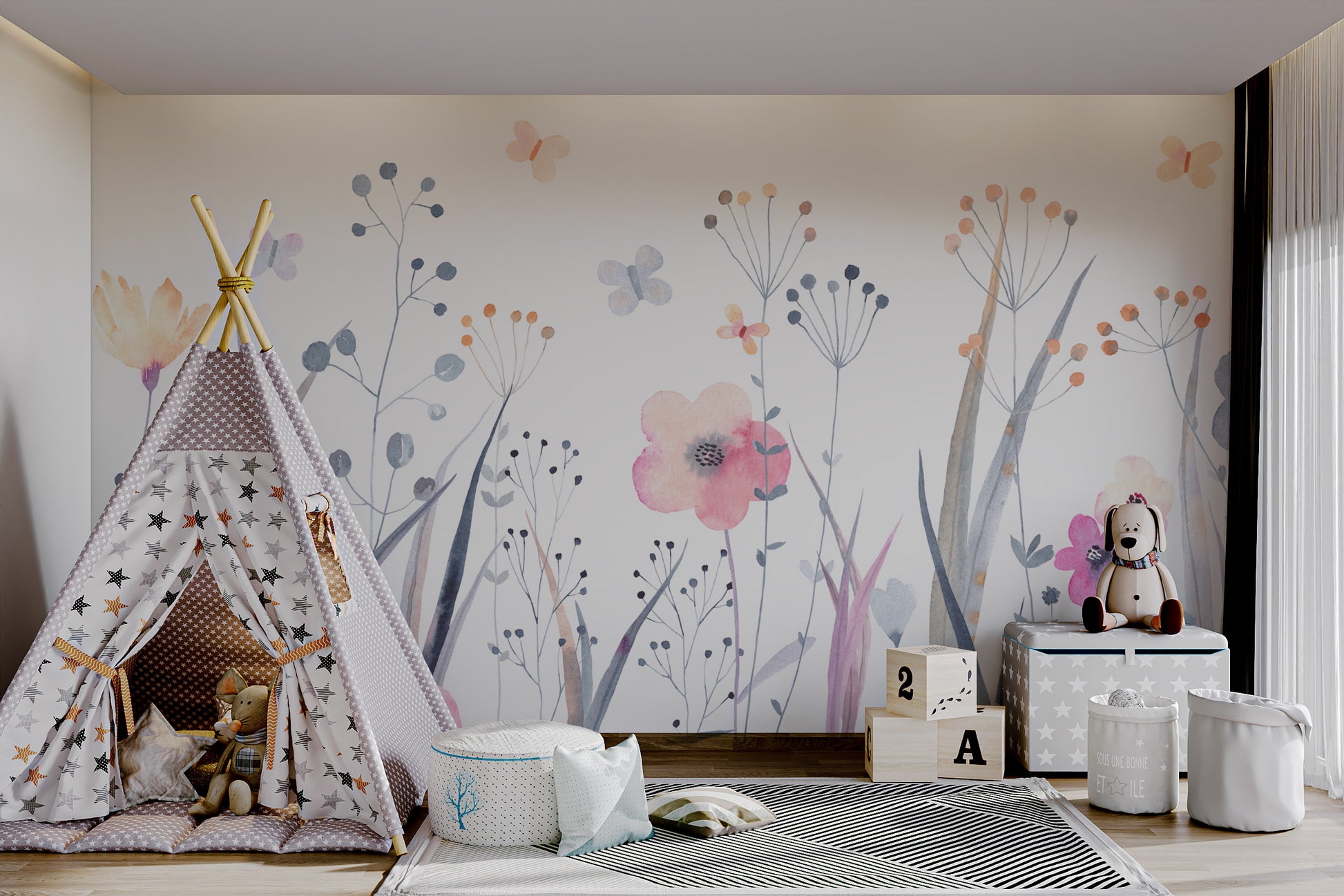 Soft pastel floral wallpaper with hand-painted design
