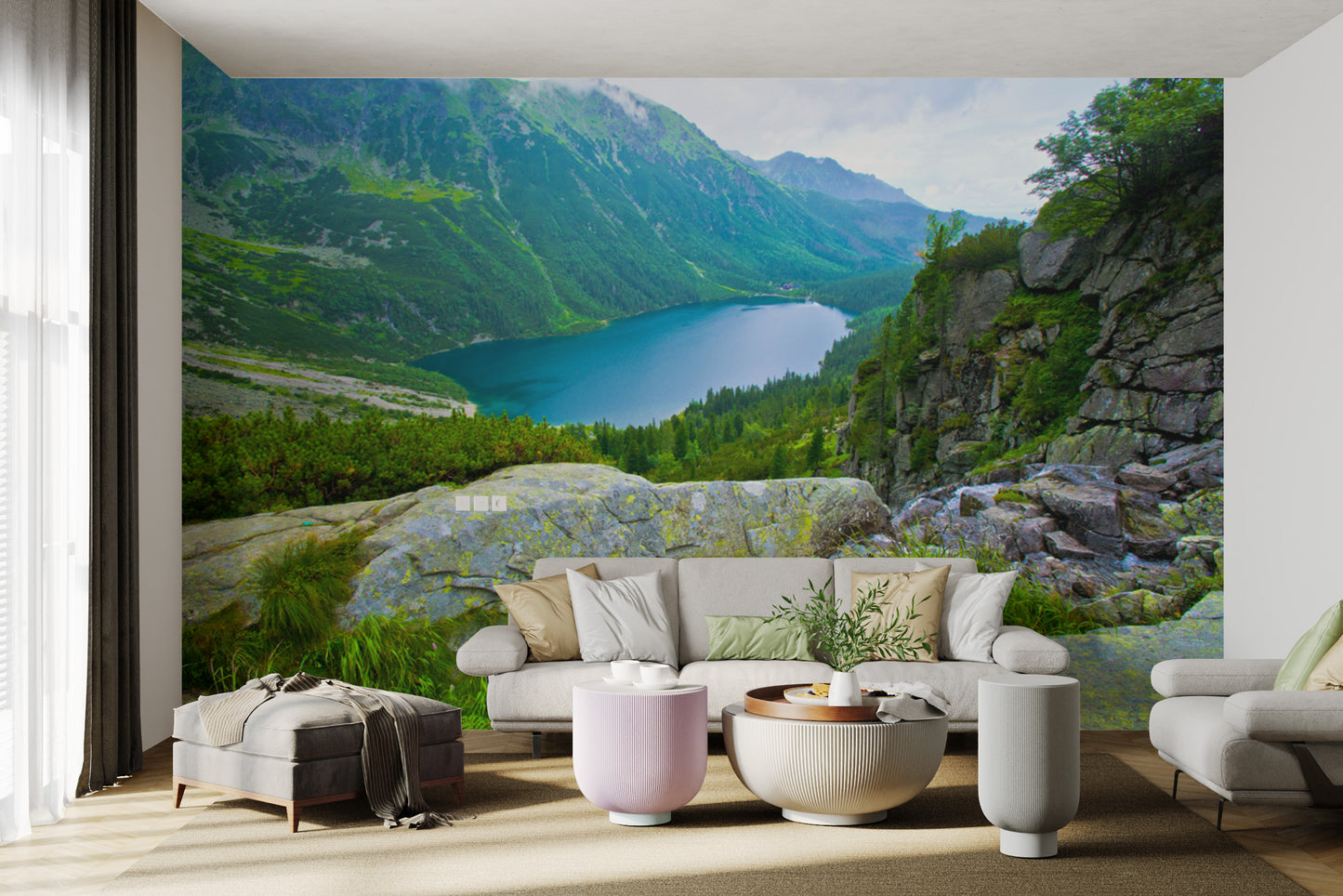 Scenic nature wallpaper with misty peaks and greenery
