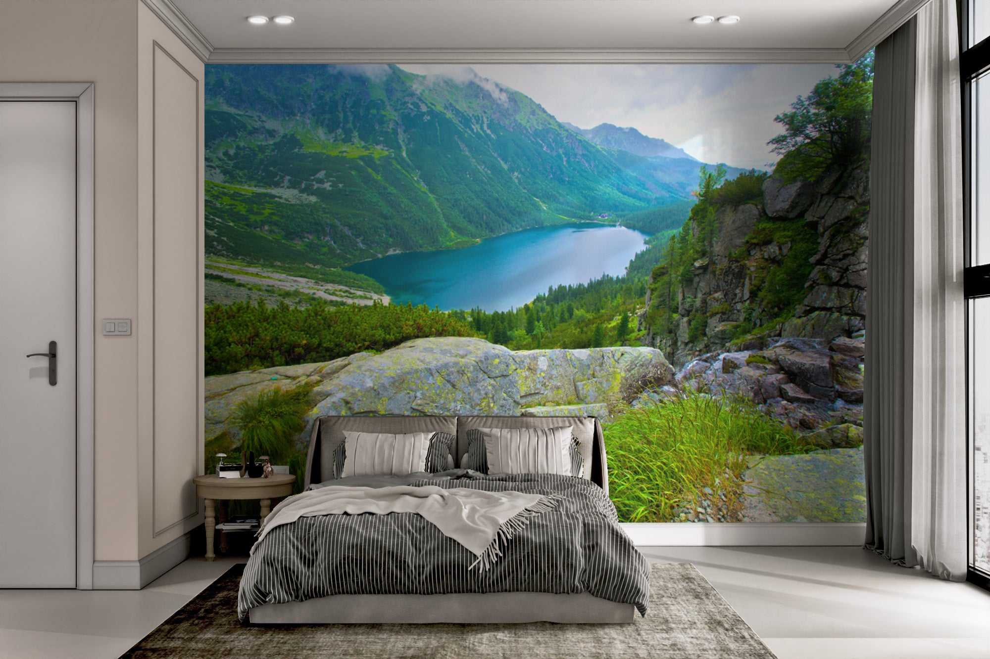 Mountain wall mural with reflective water and cliffs
