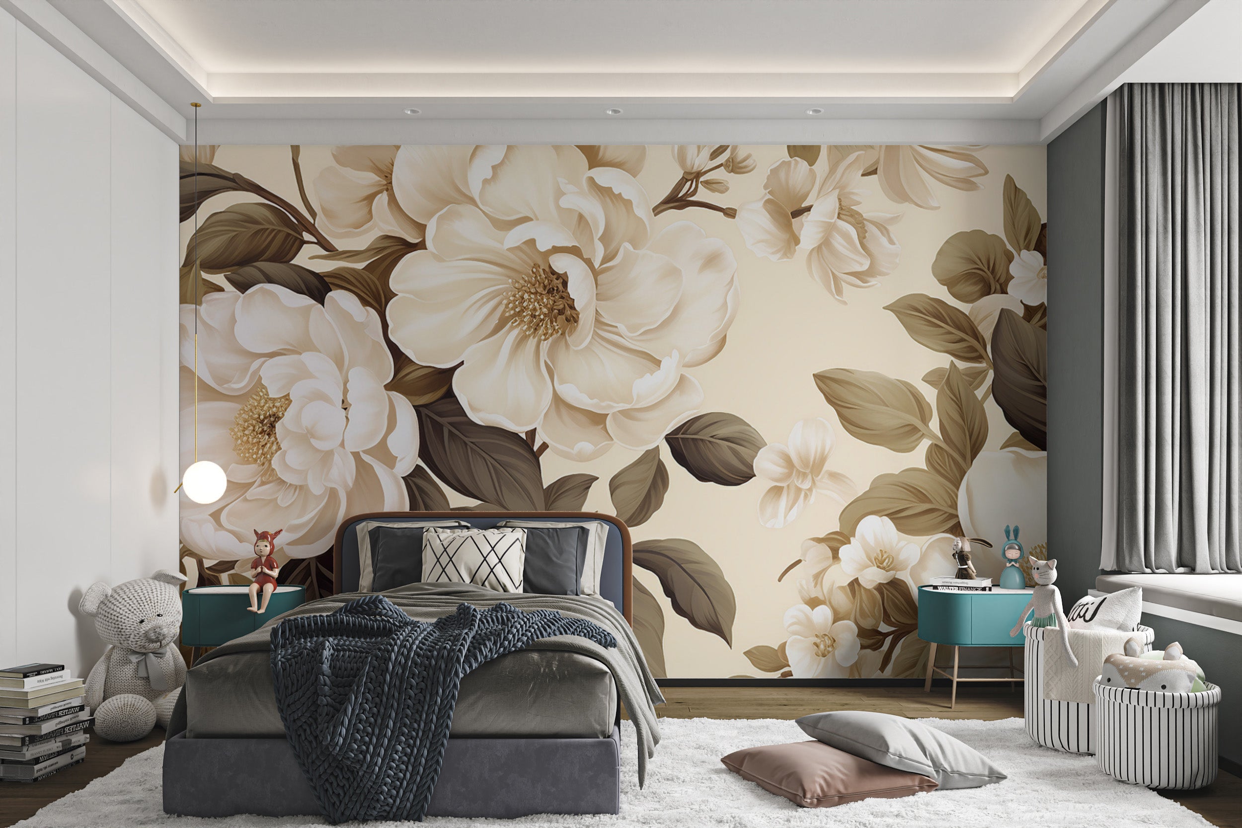 Classic floral wallpaper with soft beige background
