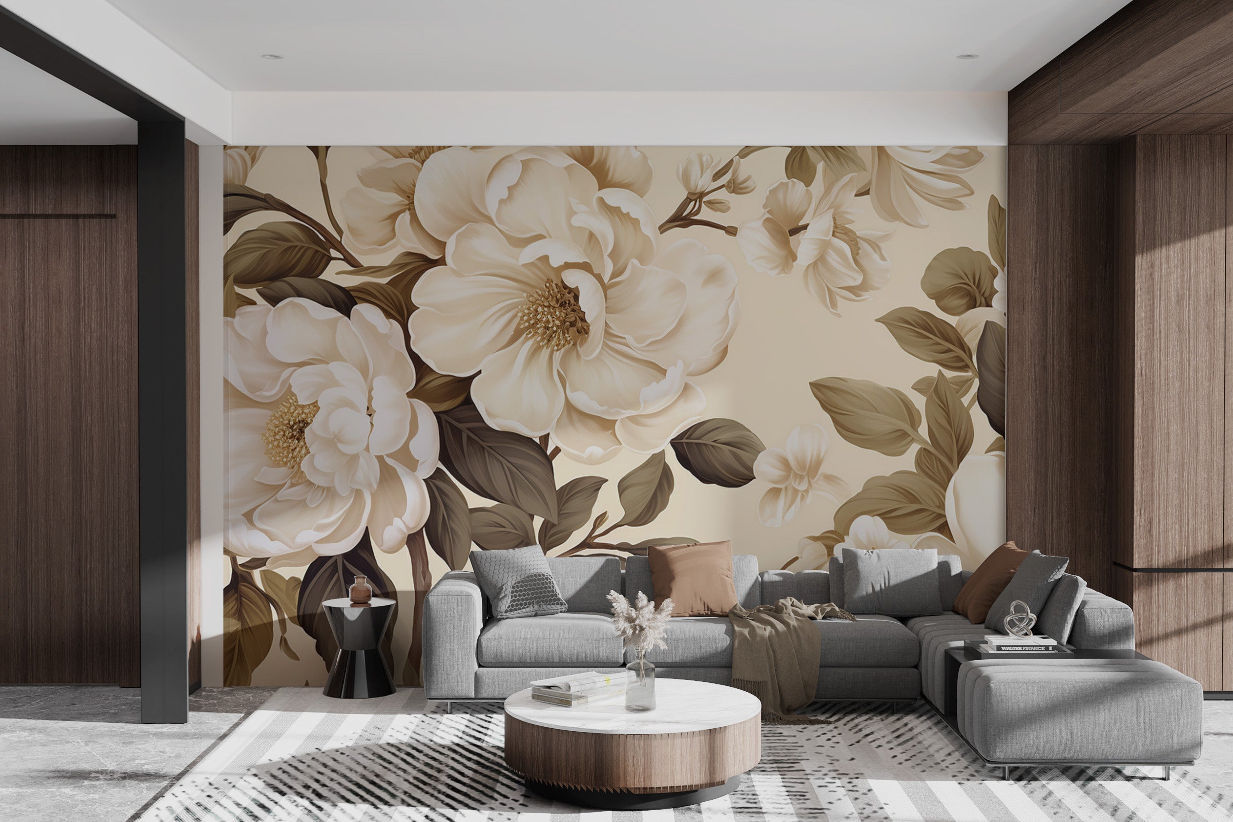 Elegant cream flower wallpaper with muted brown leaves
