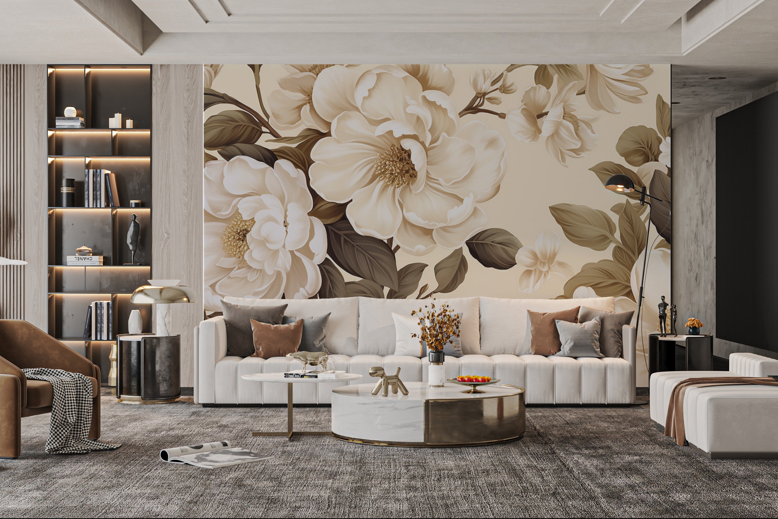 Neutral tone floral wallpaper with vintage charm
