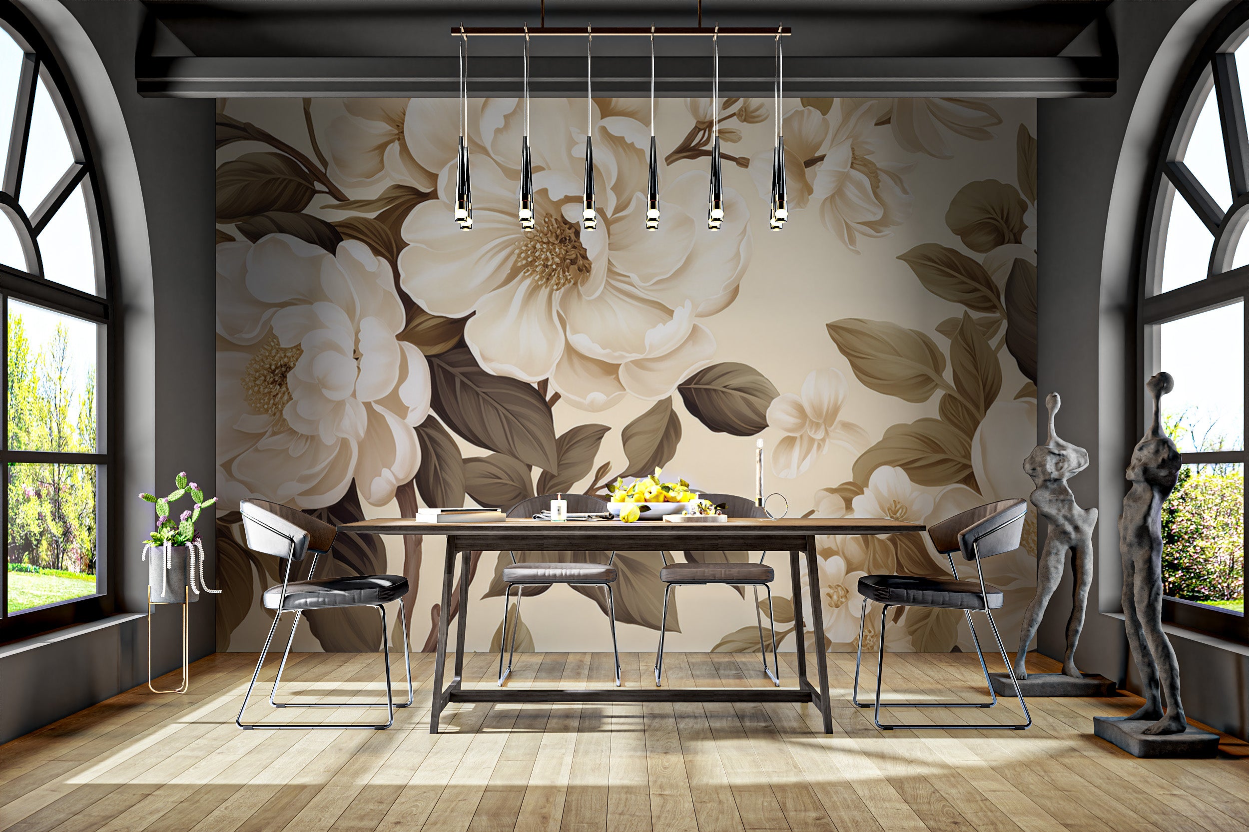 Luxury botanical wallpaper with soft cream flowers
