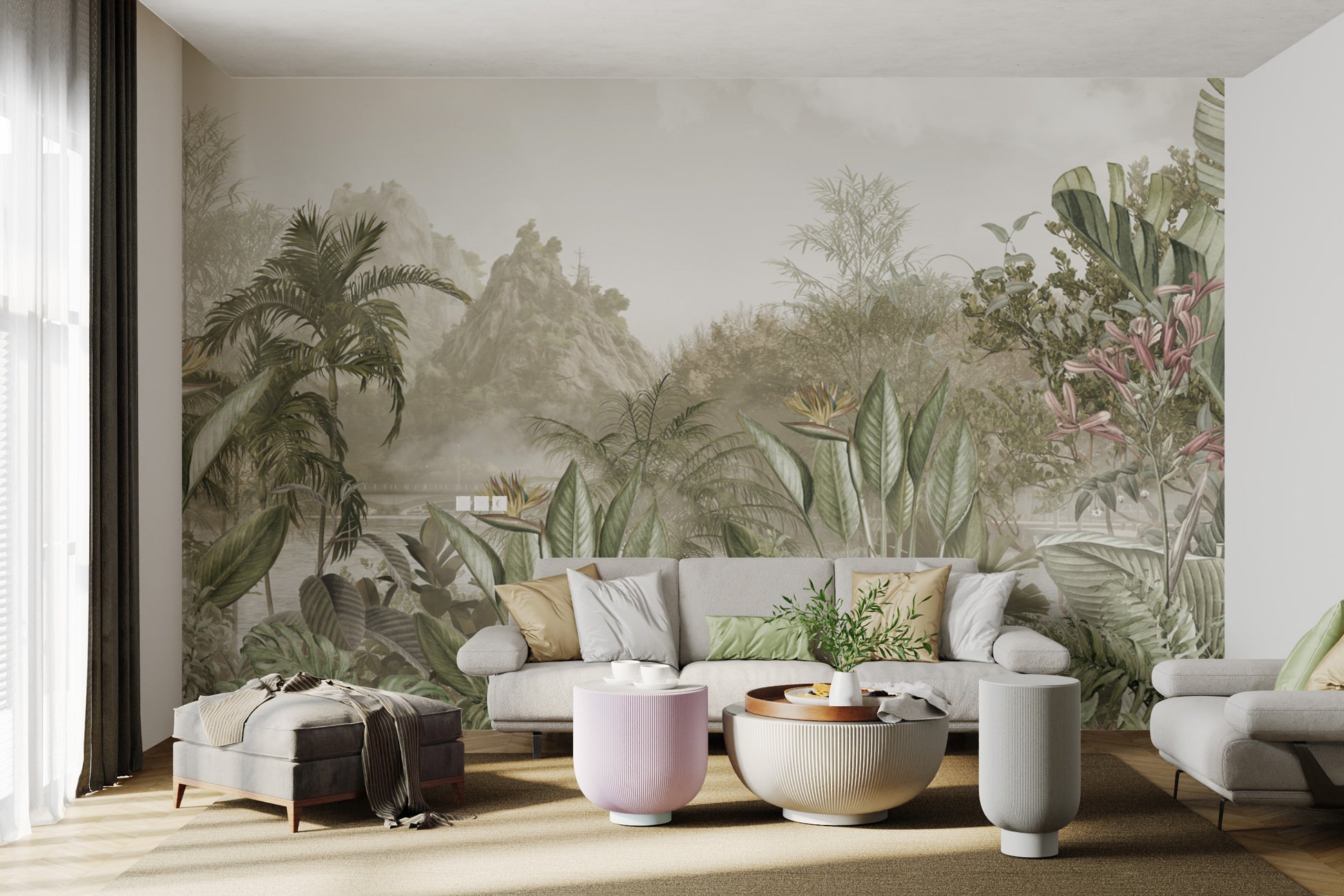 Vintage tropical botanical wallpaper with lush greenery
