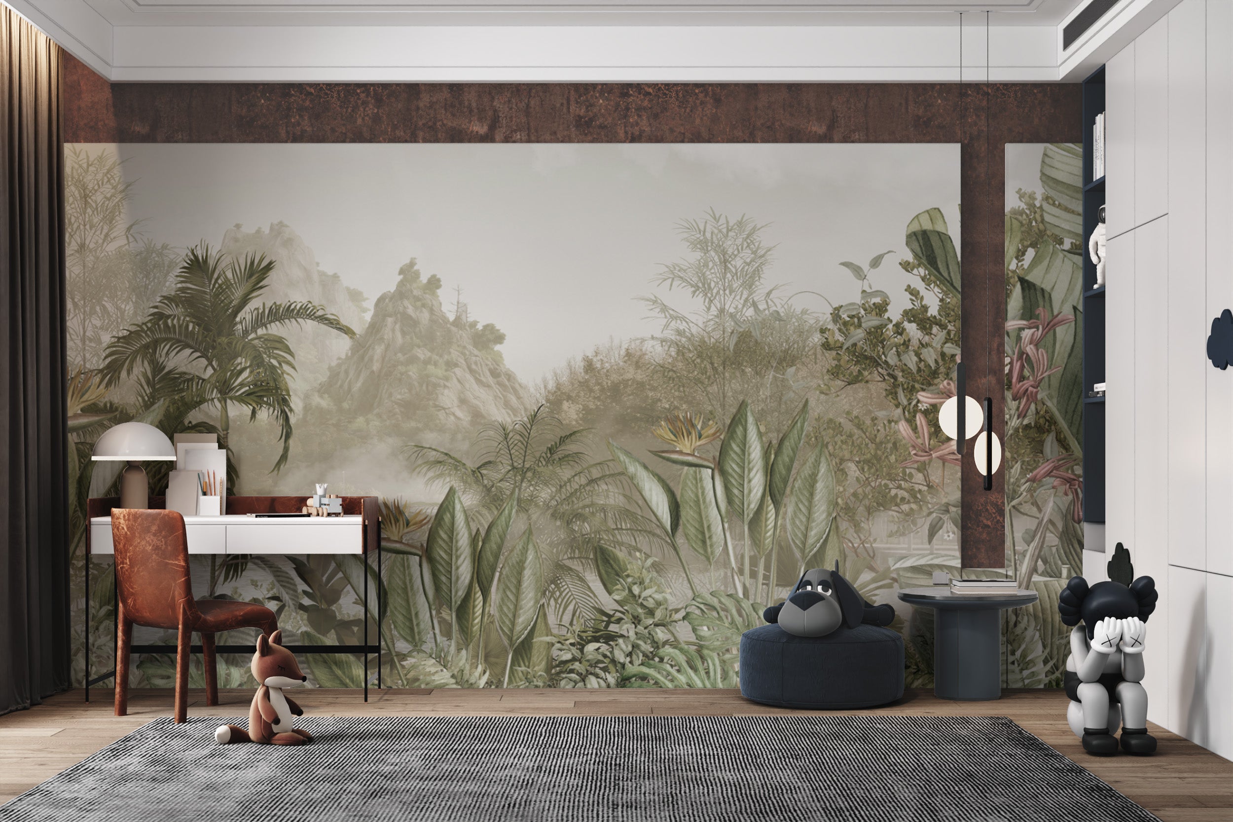 Botanical wall mural with palm trees and monstera leaves
