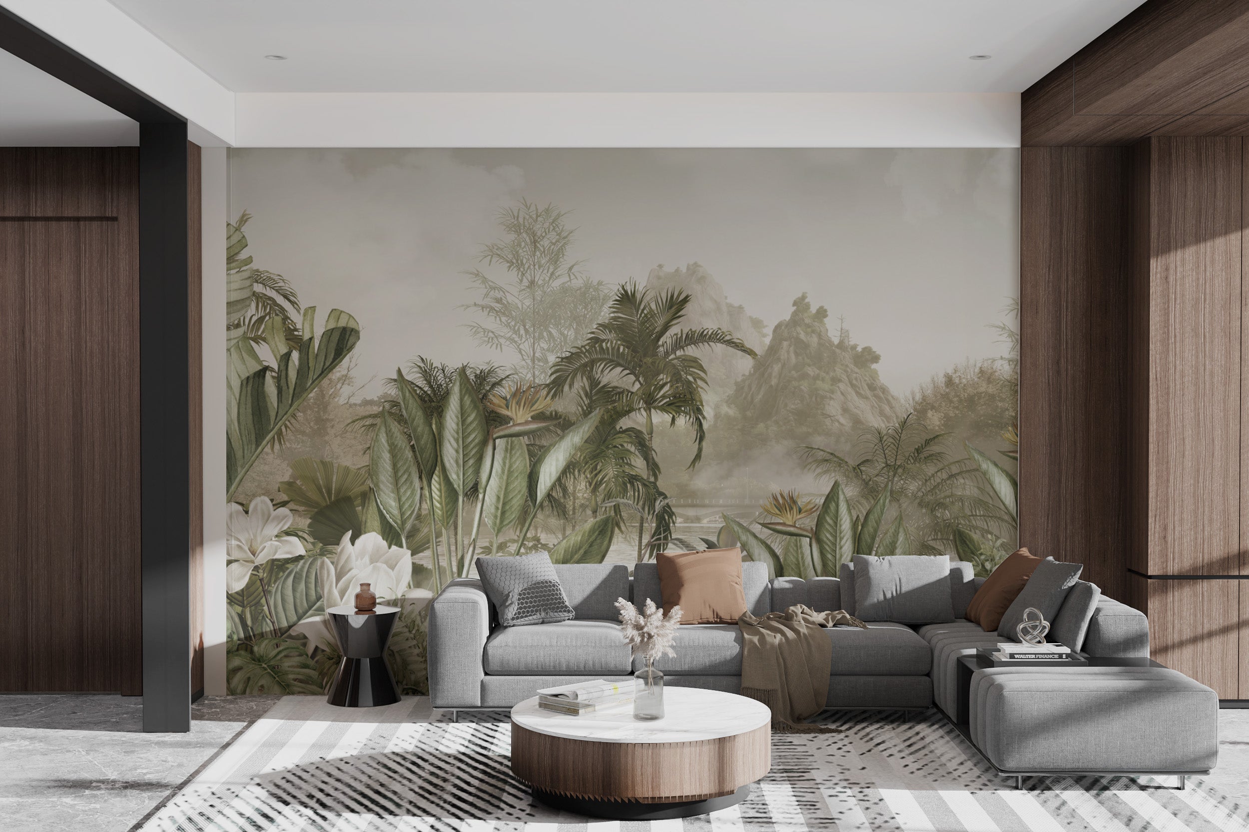 Exotic plants wallpaper with monstera and palm trees
