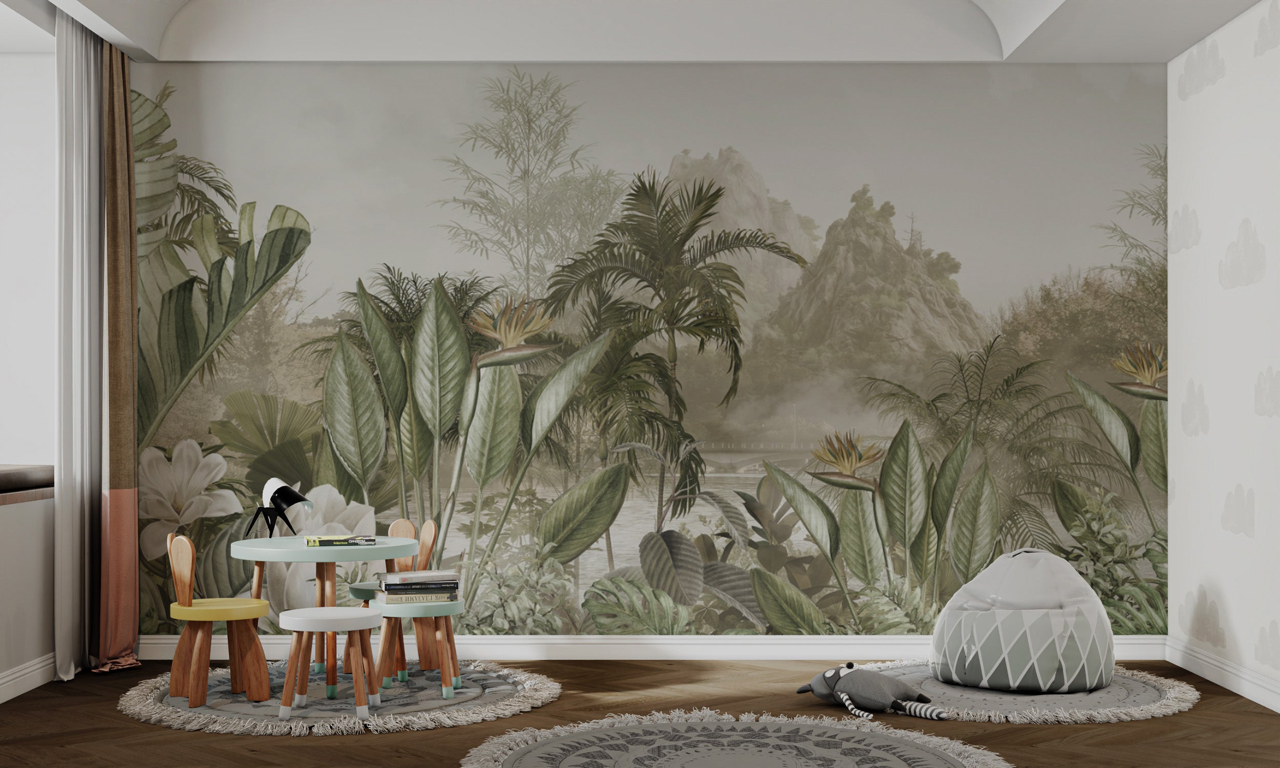 Misty mountain wallpaper with botanical foliage details
