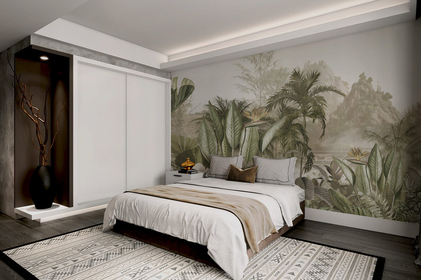 Nature-inspired wall mural with exotic rainforest plants
