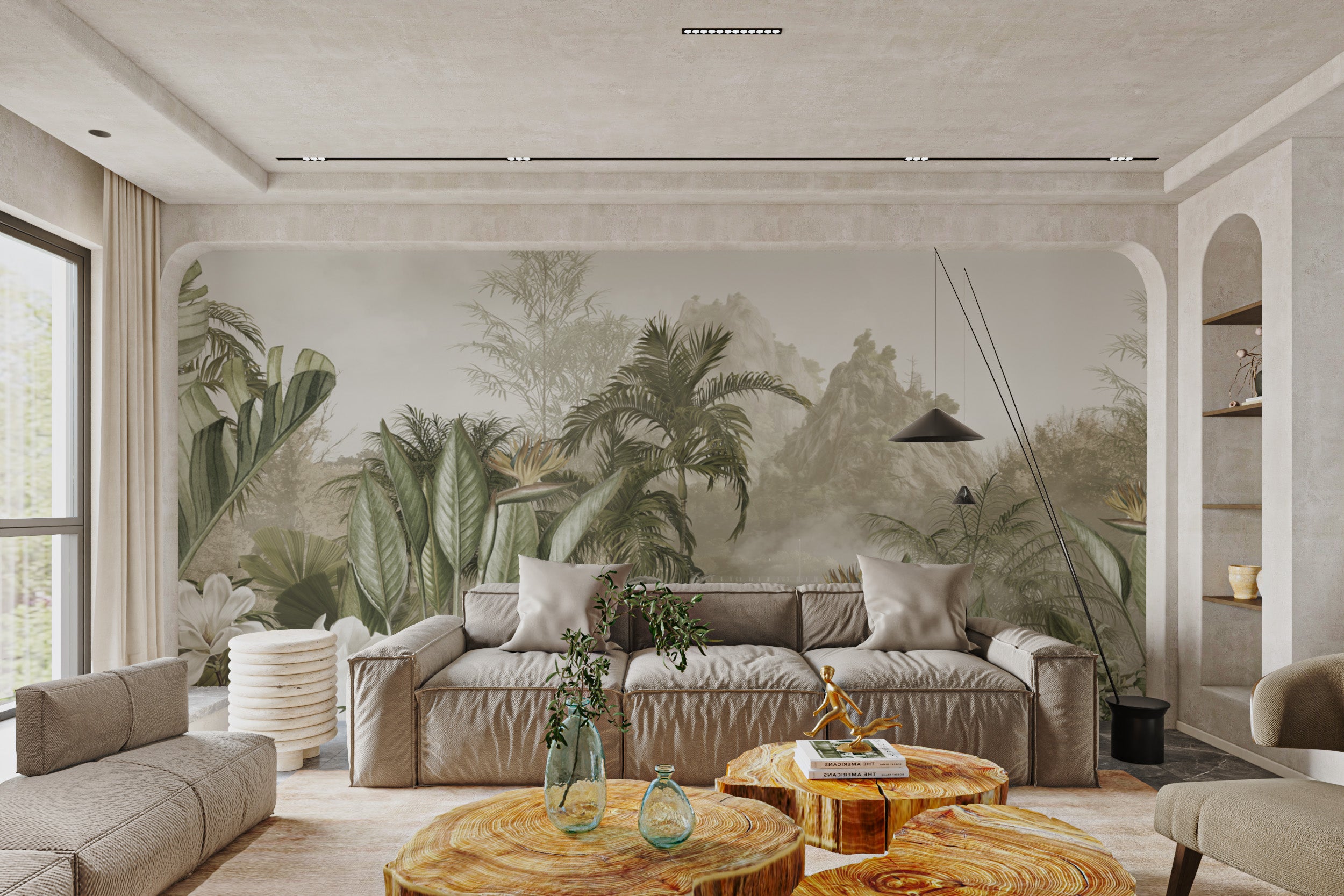 Botanical wall mural featuring misty mountains and plants
