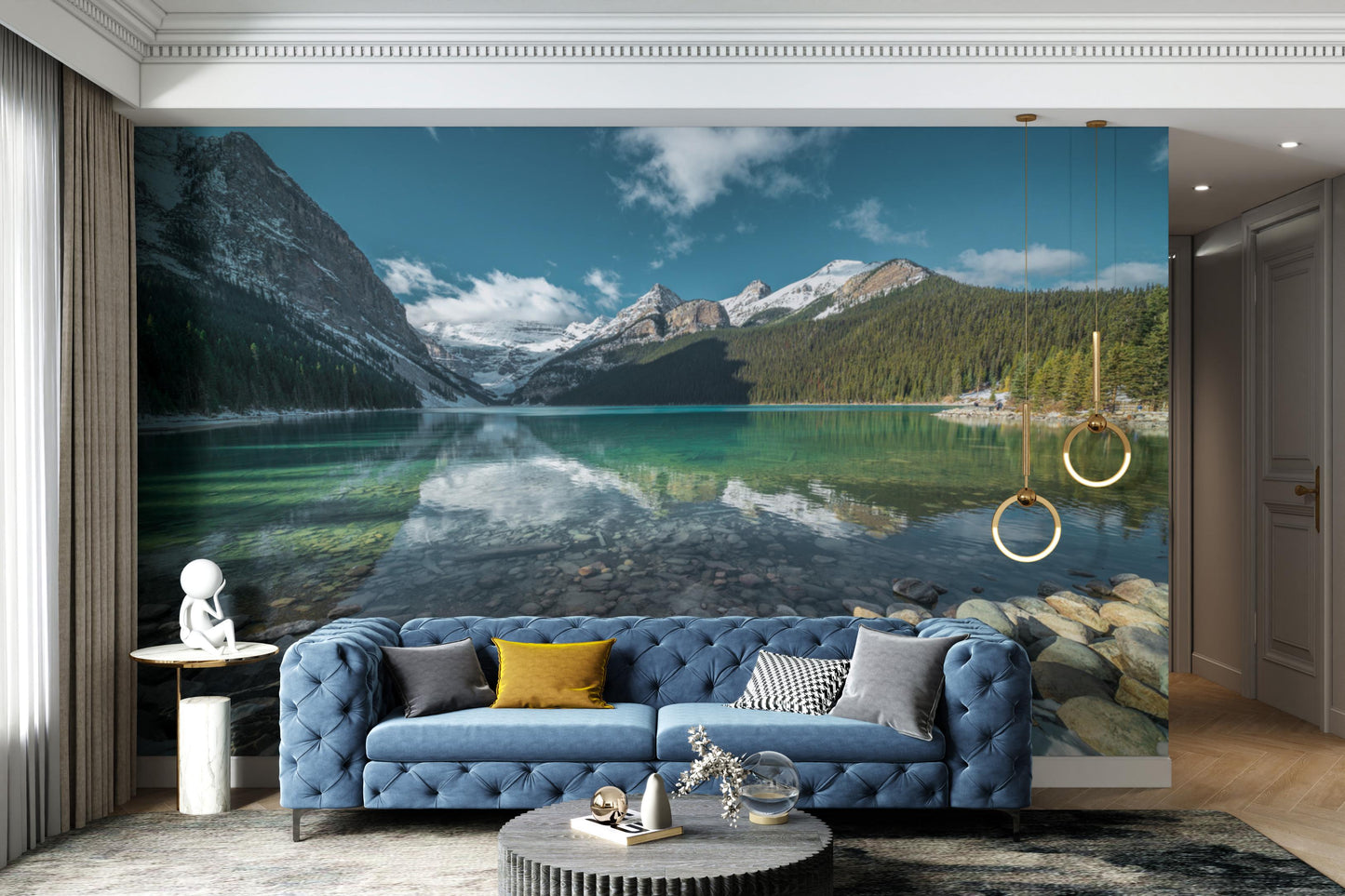 Nature-inspired wallpaper with a majestic mountain lake scene
