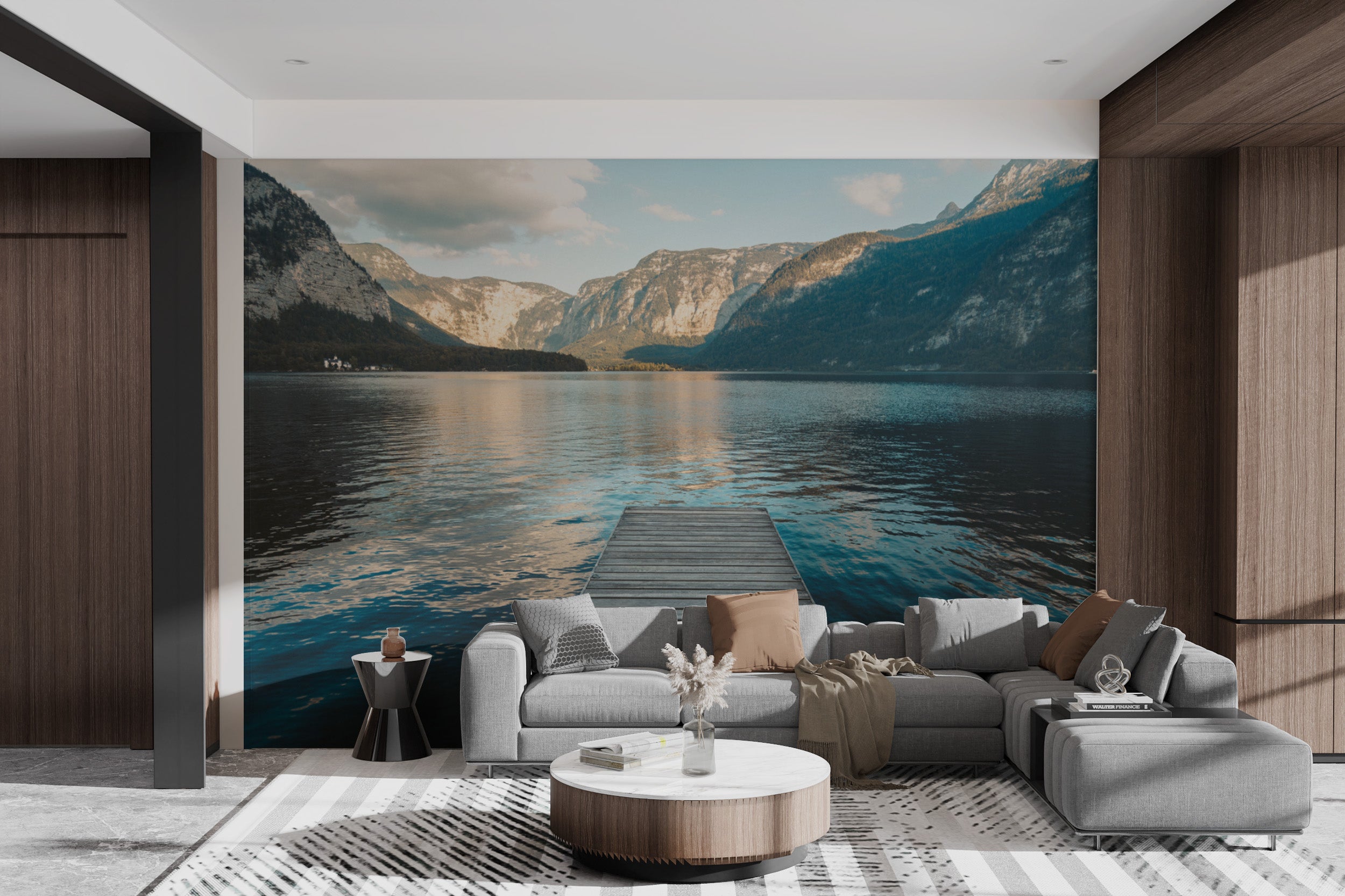 Nature-inspired wallpaper featuring a still lake and dock
