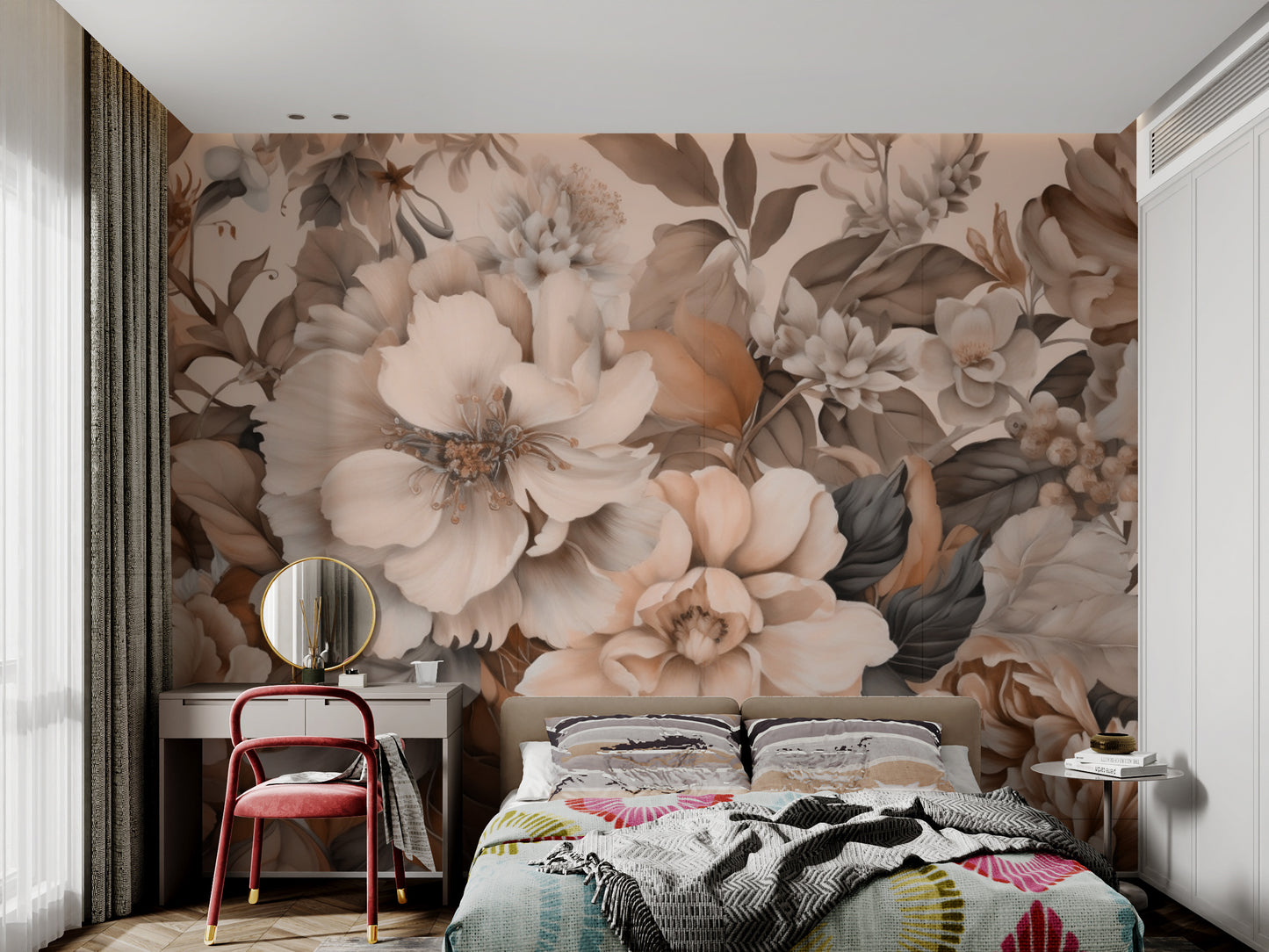 Muted botanical wallpaper with delicate floral details
