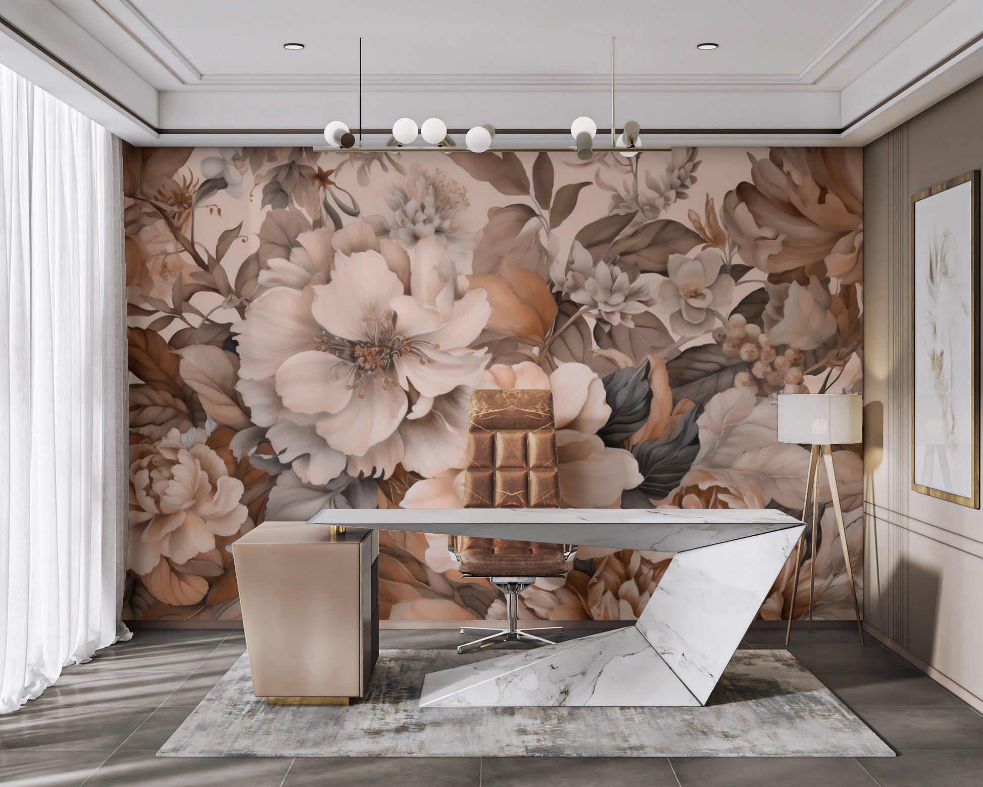 Hand-painted flower wallpaper with intricate petal details
