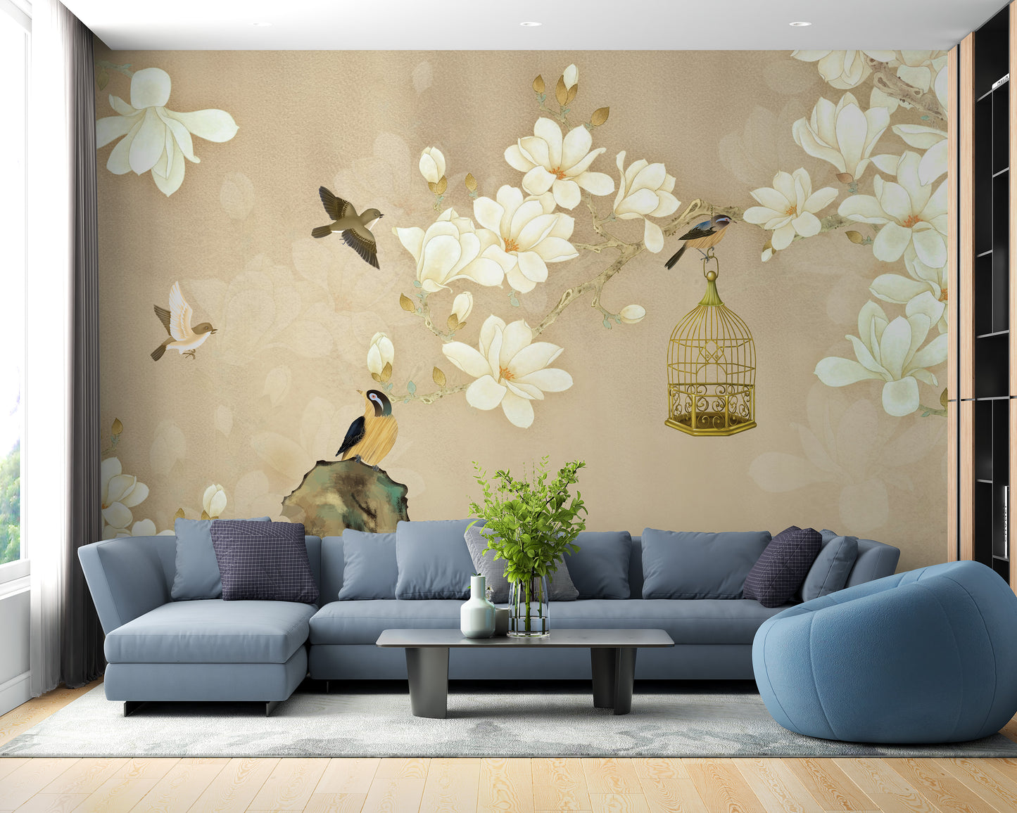 Beautiful Flowers and Birds Painting Wallpaper Mural