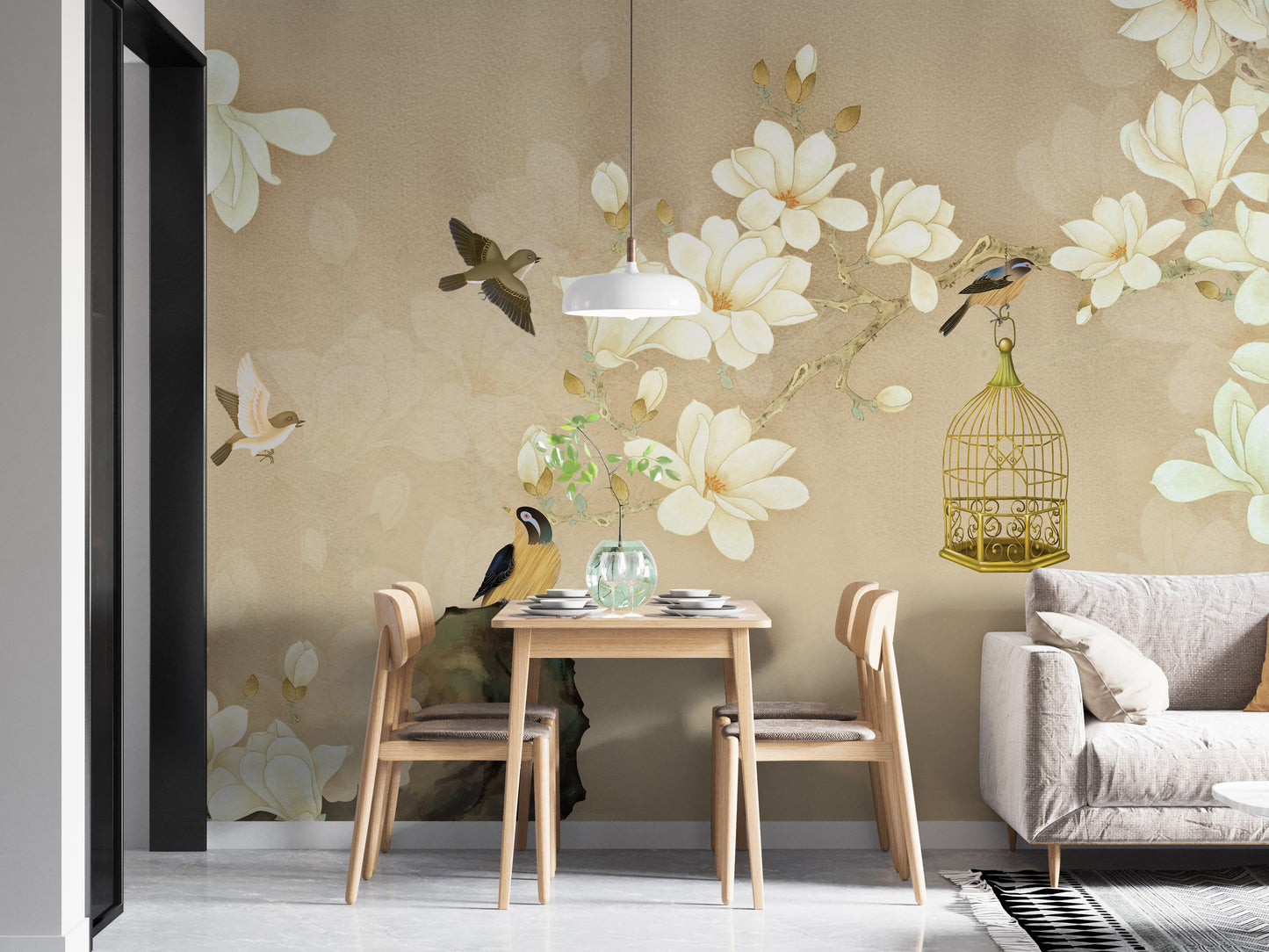 Artistic Flowers and Birds Wallpaper Mural Design