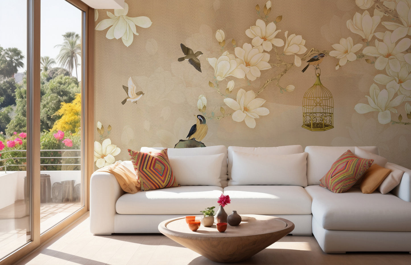 Elegant Flowers and Birds Wall Mural Painting