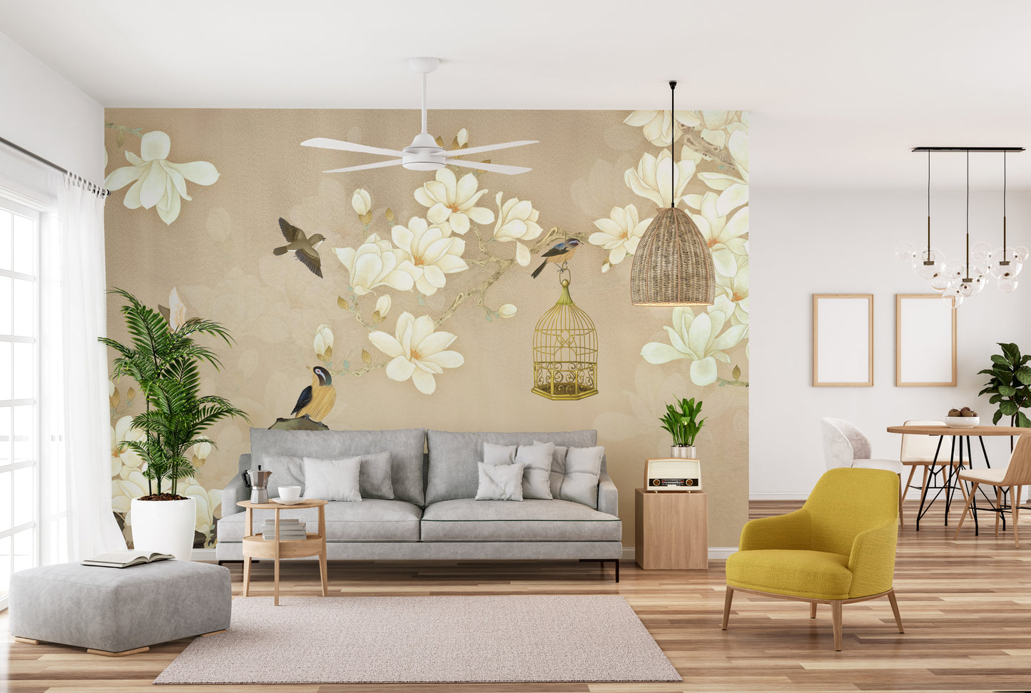 Flowers and Birds Painting Wallpaper Mural Design