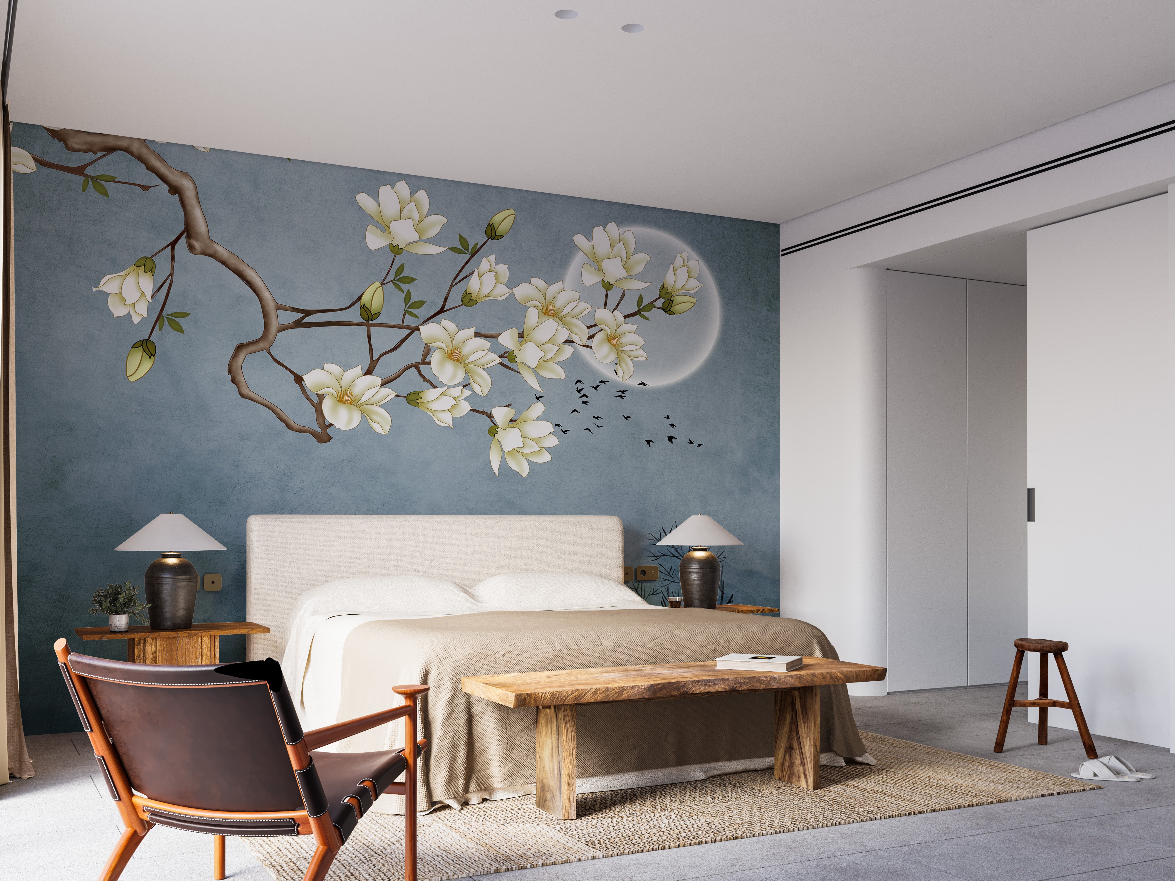 Japanese Art Printed Wallpaper Mural with Flowers