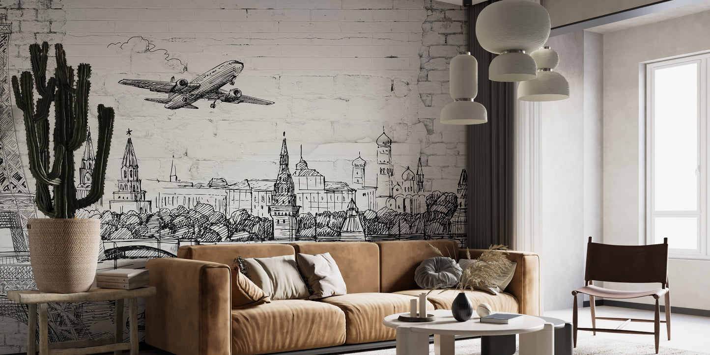 Architectural Marvels on Brick Wallpaper Mural