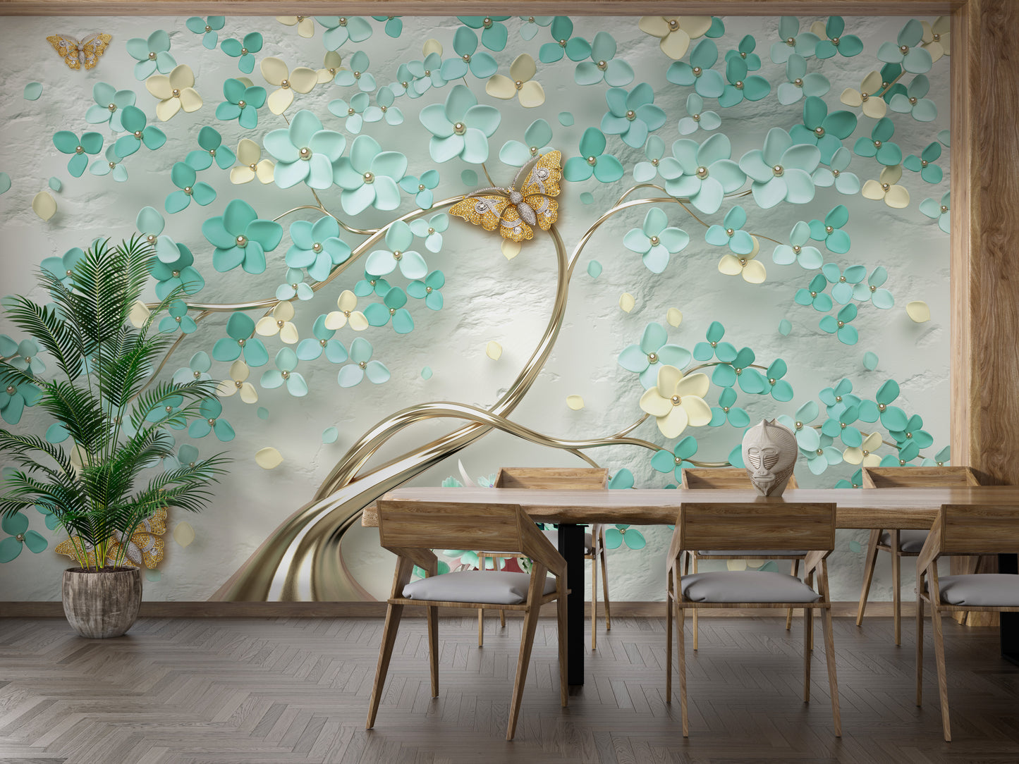 Artistic Gilded Butterfly Garden Wall Mural Wallpaper