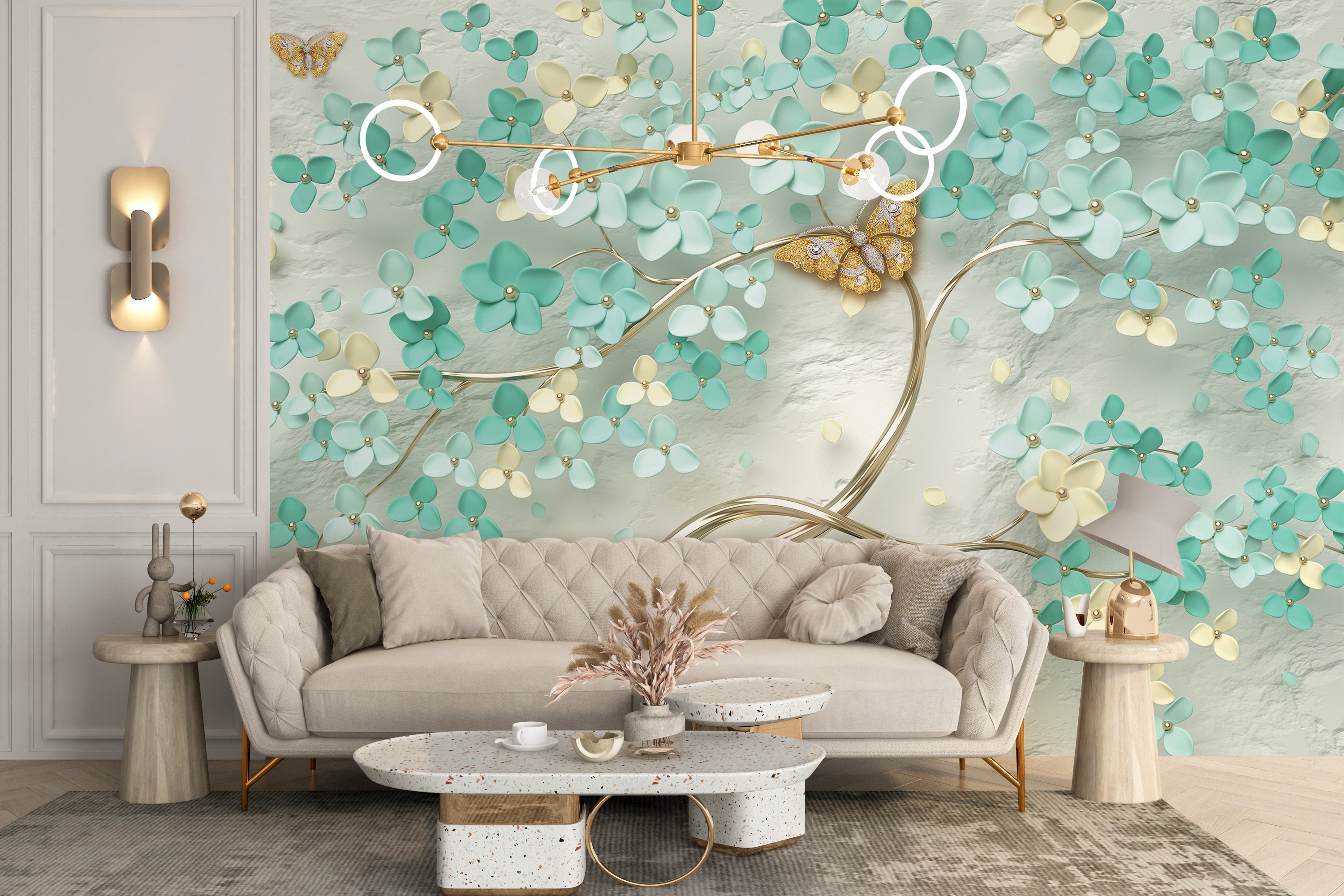 Chic Gilded Butterfly Garden Wallpaper Mural Design