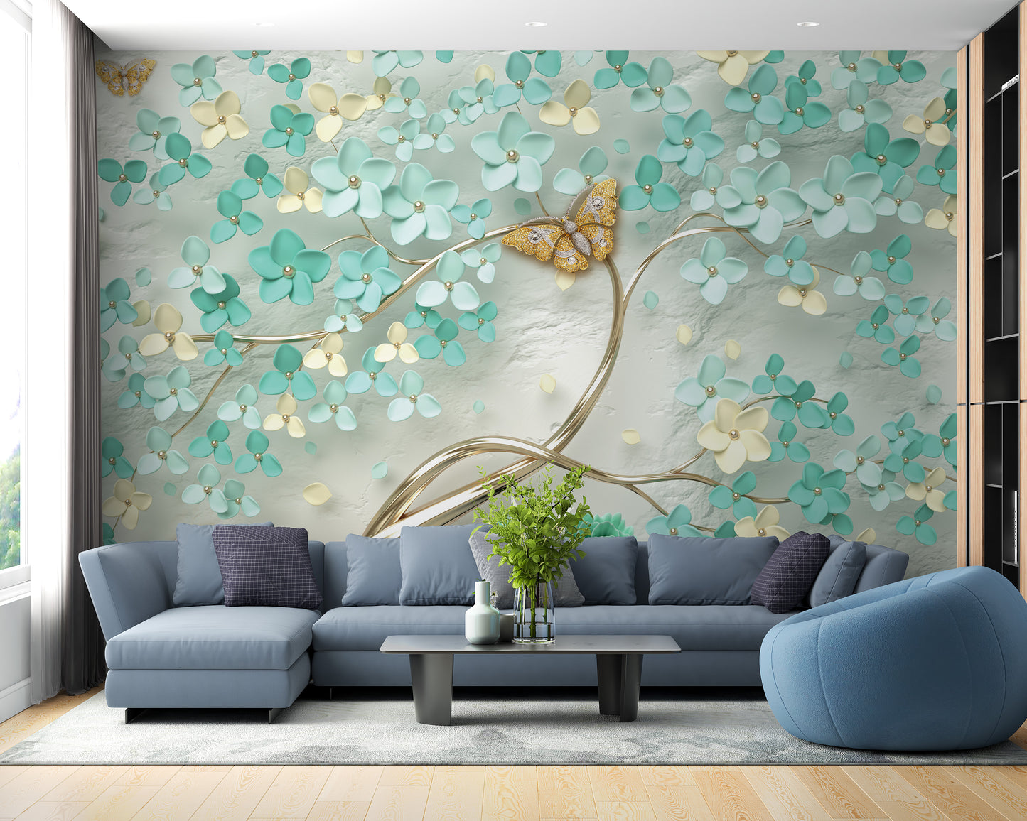 Unique Gilded Butterfly Garden Wallpaper Mural Design