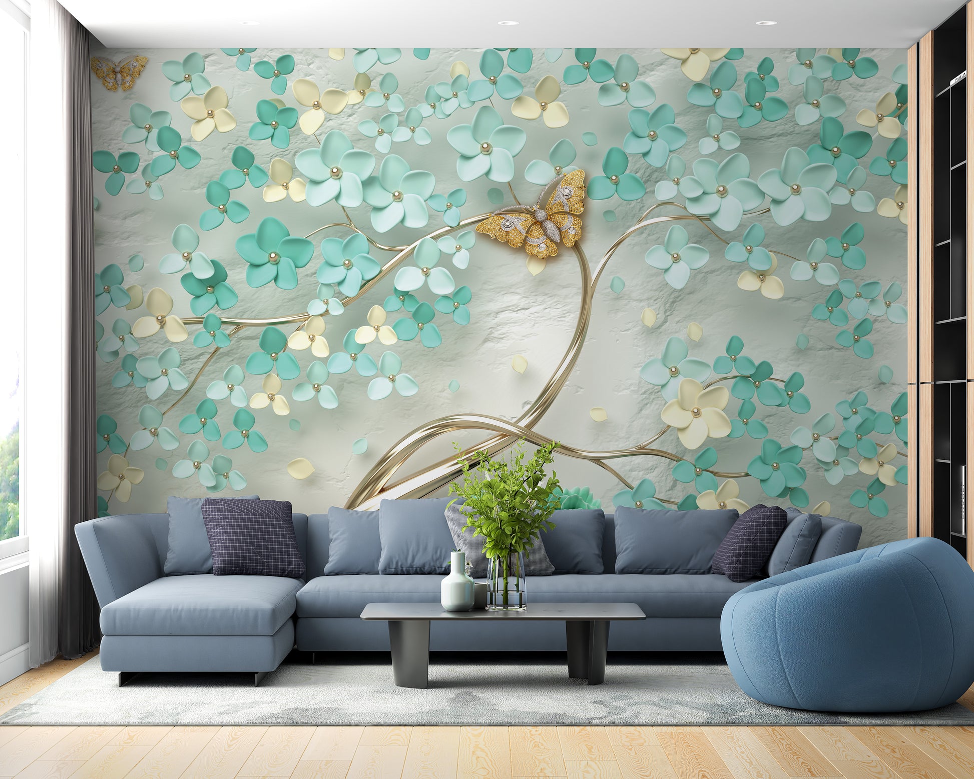 Unique Gilded Butterfly Garden Wallpaper Mural Design