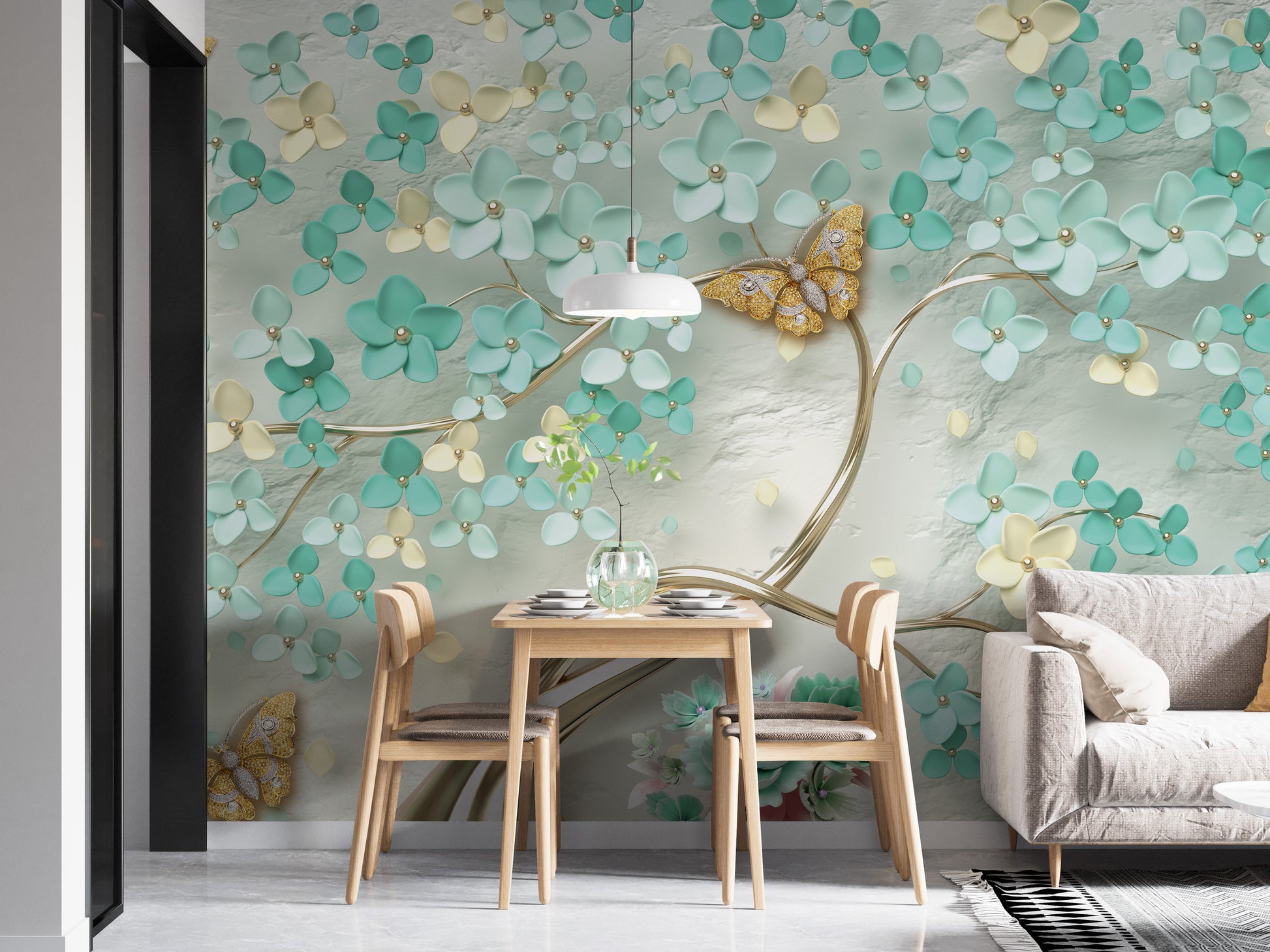 Elegant Gilded Butterfly Garden Wall Mural Design