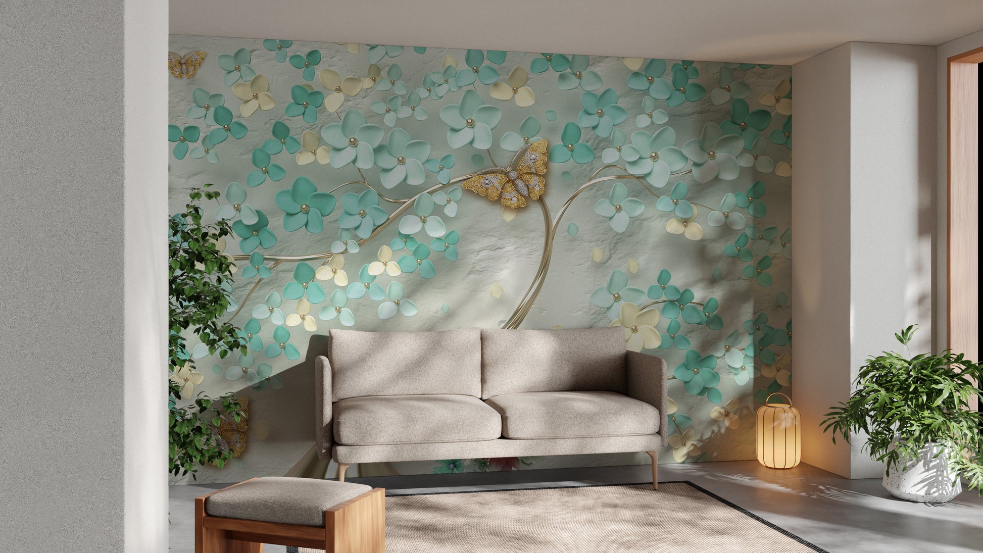 Stylish Gilded Butterfly Garden Wall Mural
