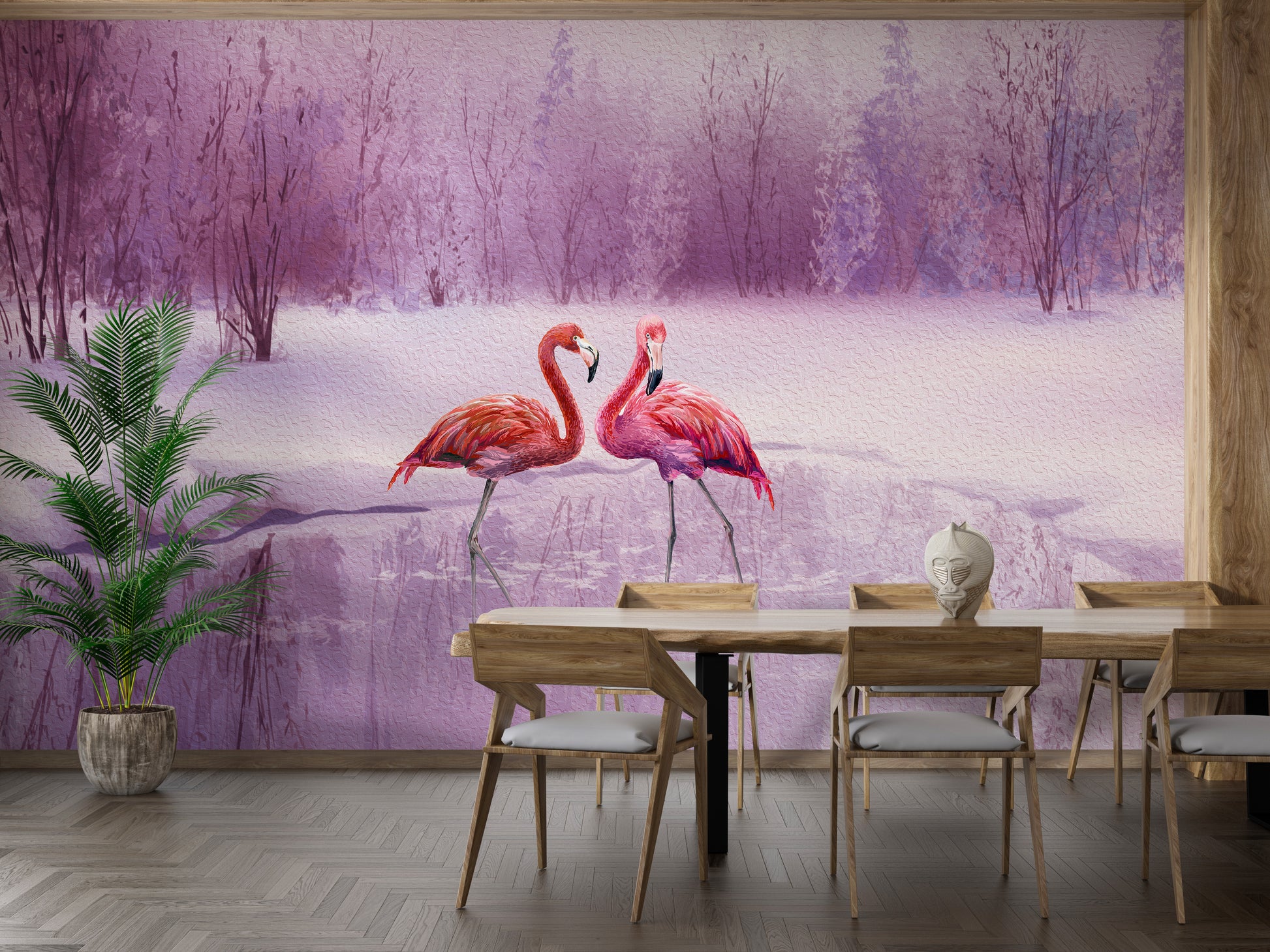 Pink Flamingos Wall Mural with a Scenic View
