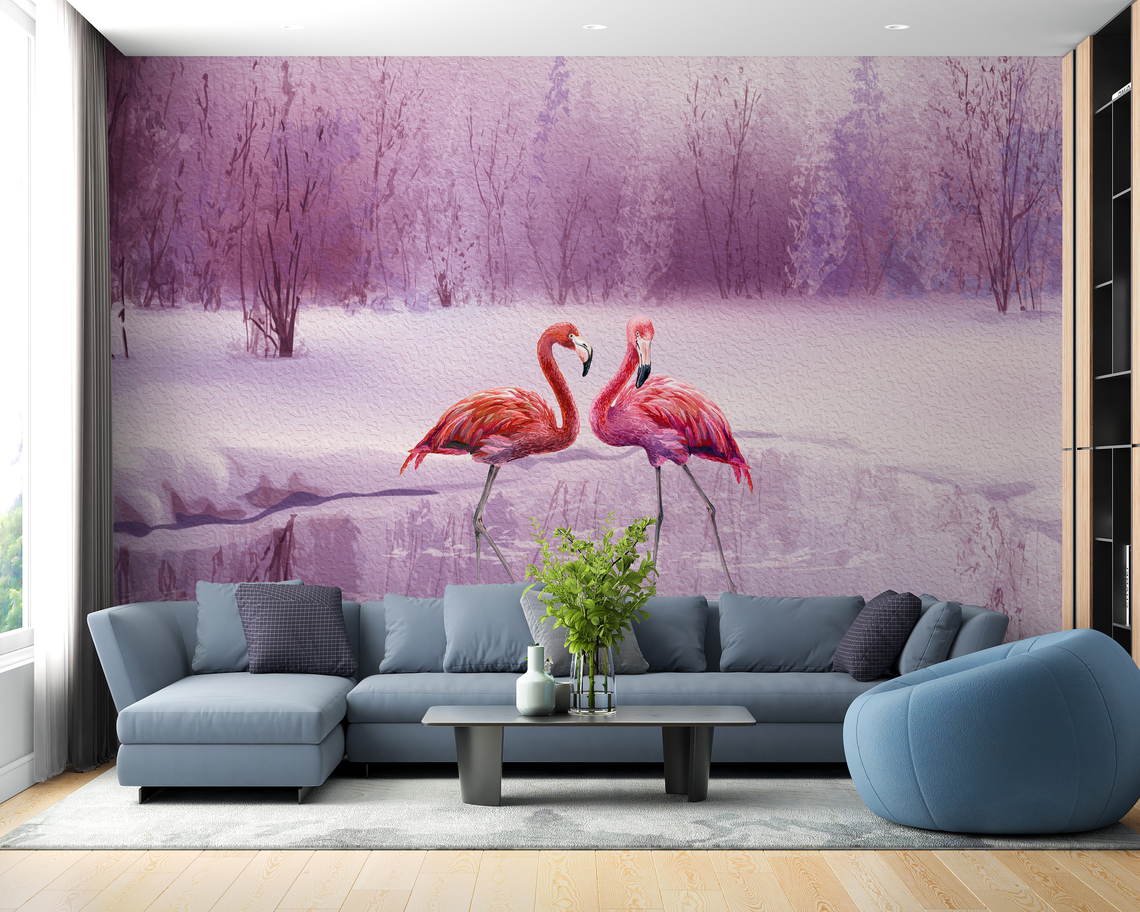 Flamingos by Water Wallpaper Mural