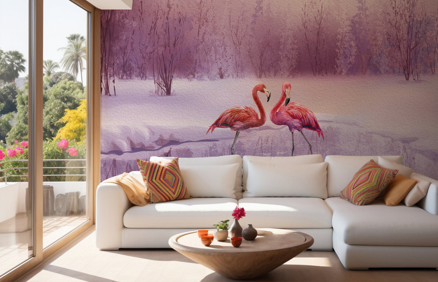 Elegant Flamingos Wallpaper Mural by the Water