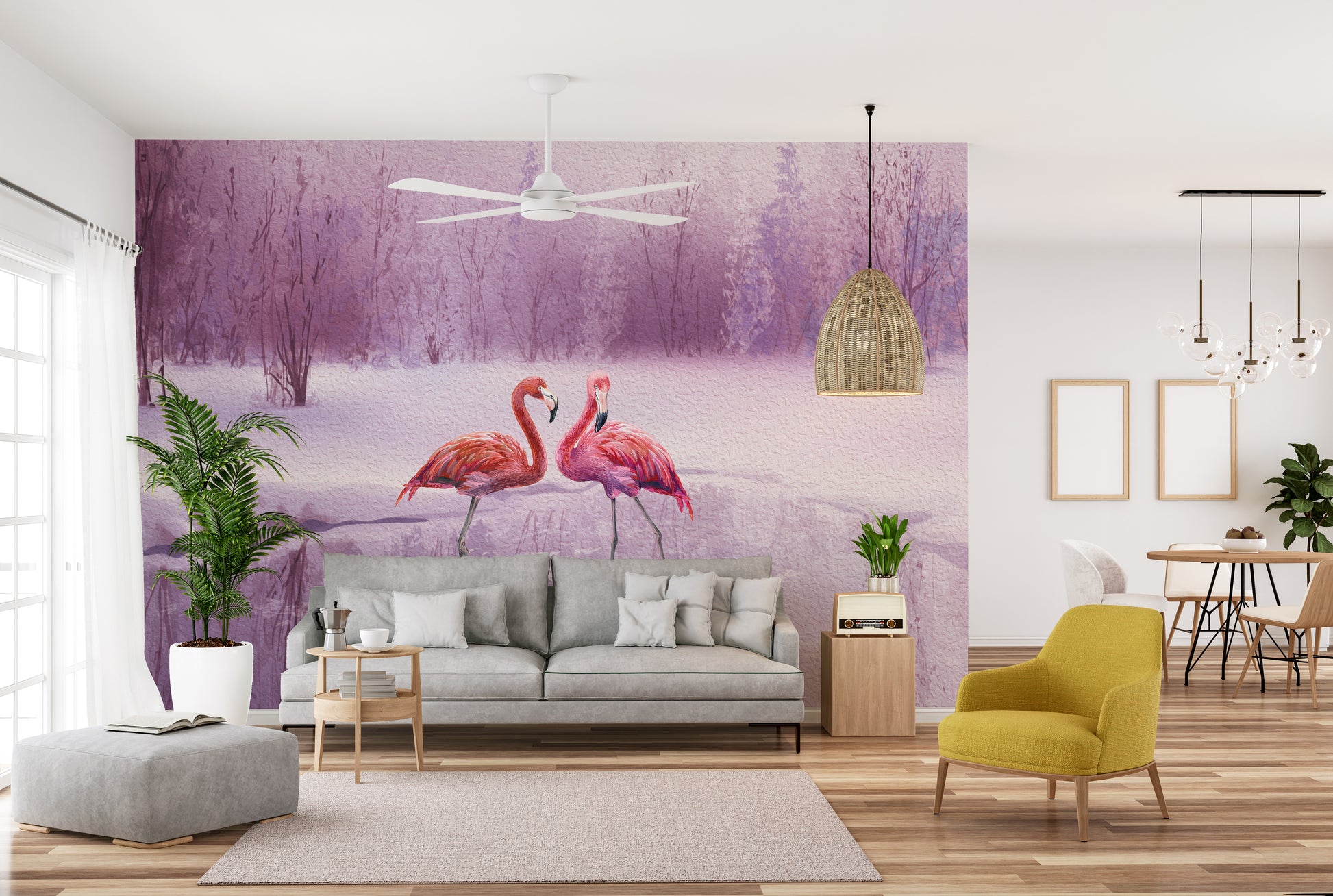 Pink Flamingo Water Scene Wall Mural