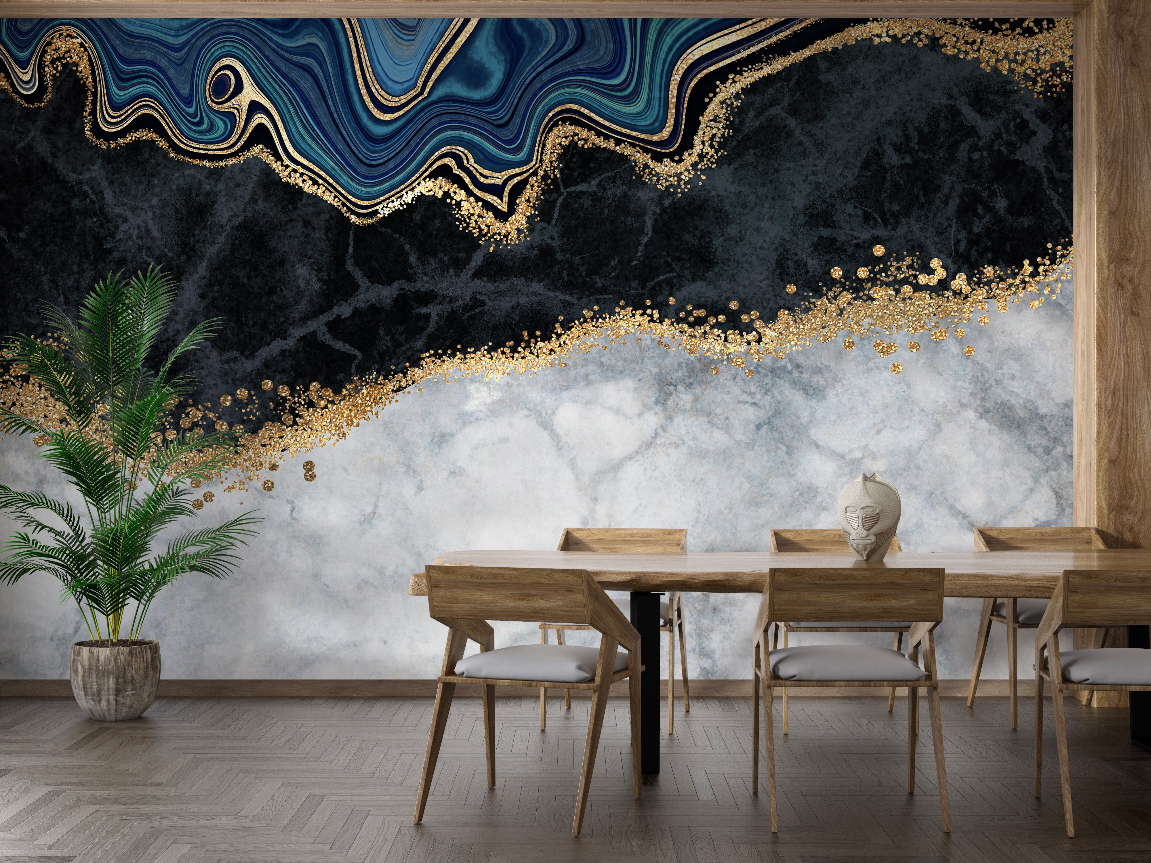 Sophisticated Blue and Gold Marble Wallpaper Mural