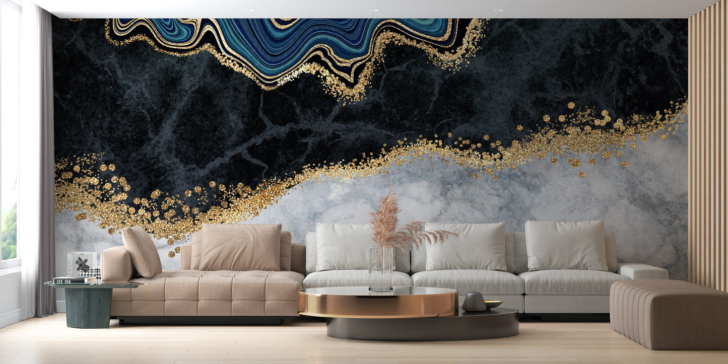 Stylish Blue and Gold Marble Wallpaper Mural