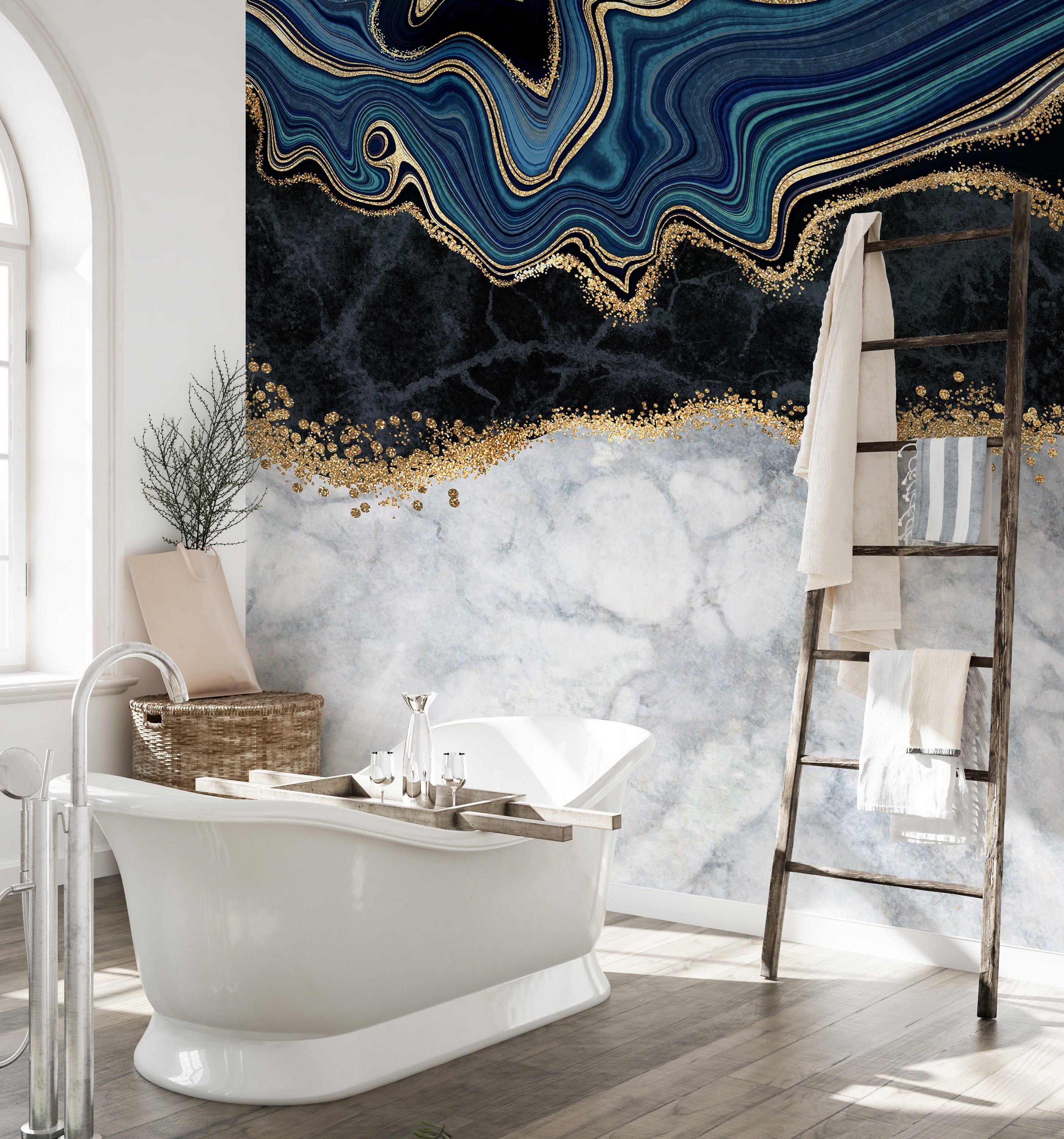 Marbled Elegance in Blue and Gold Wall Mural