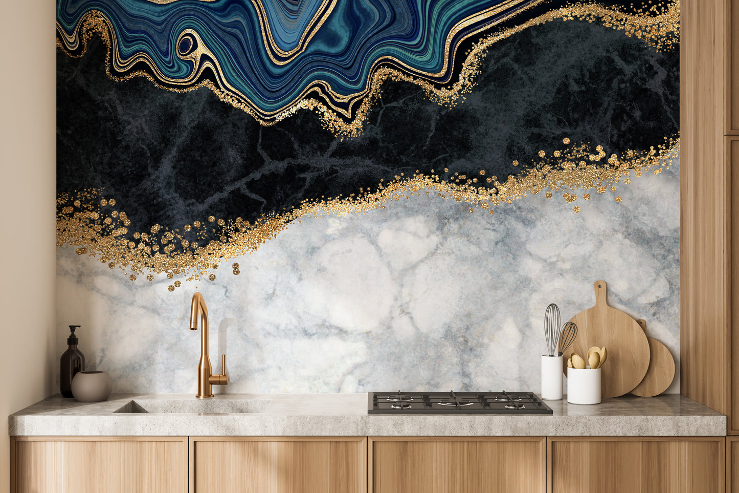 Blue and Gold Marbled Design Wall Mural