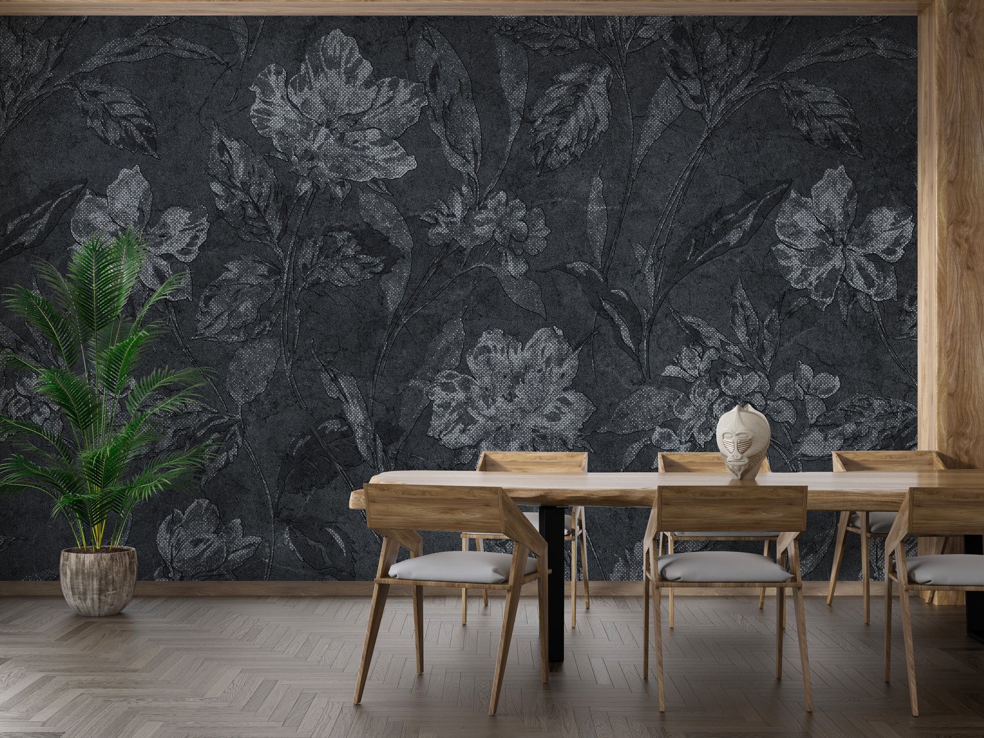 Flower Print on Black Background Wall Mural