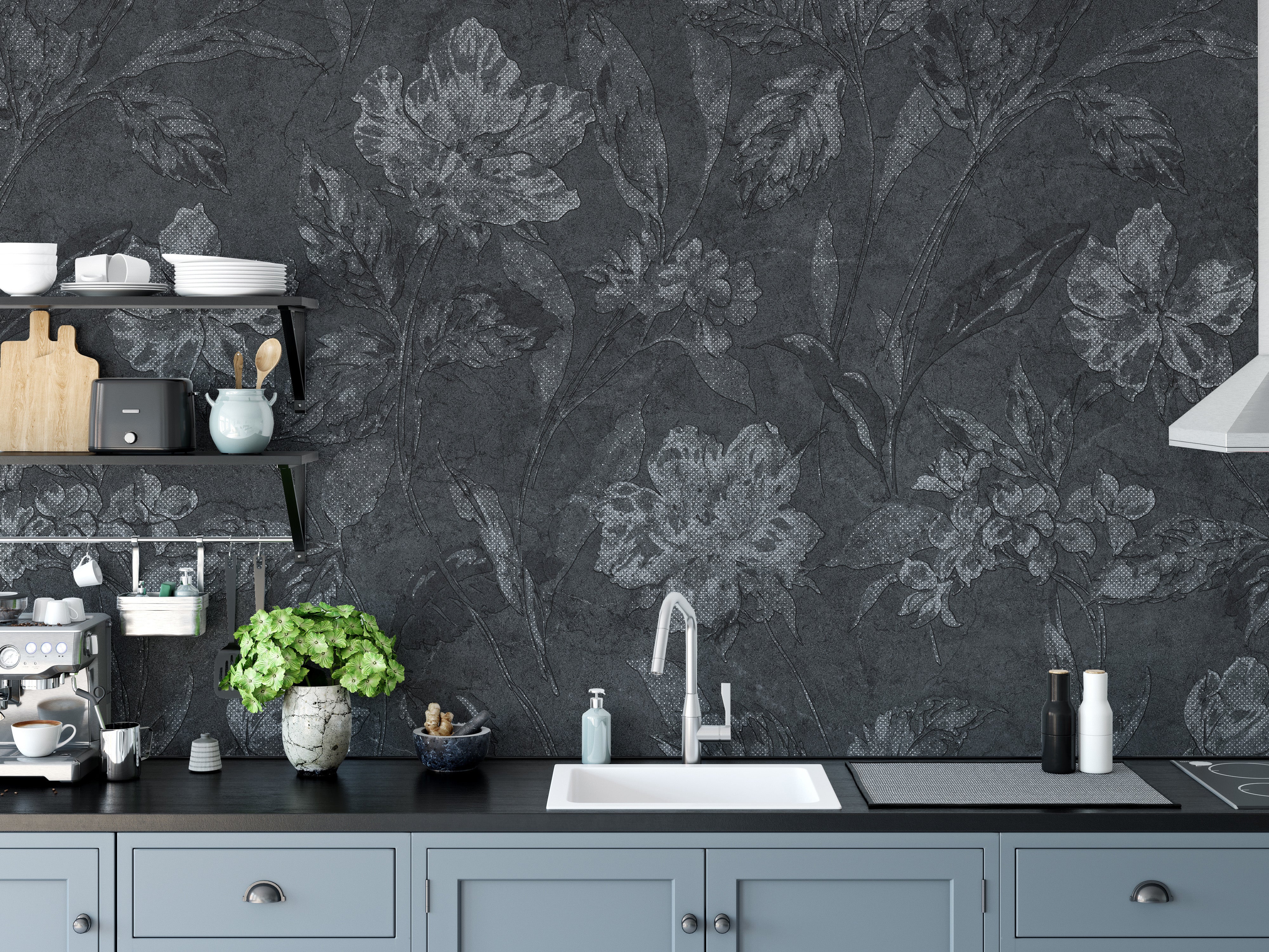 Elegant Flower Pattern on Black Wallpaper Mural